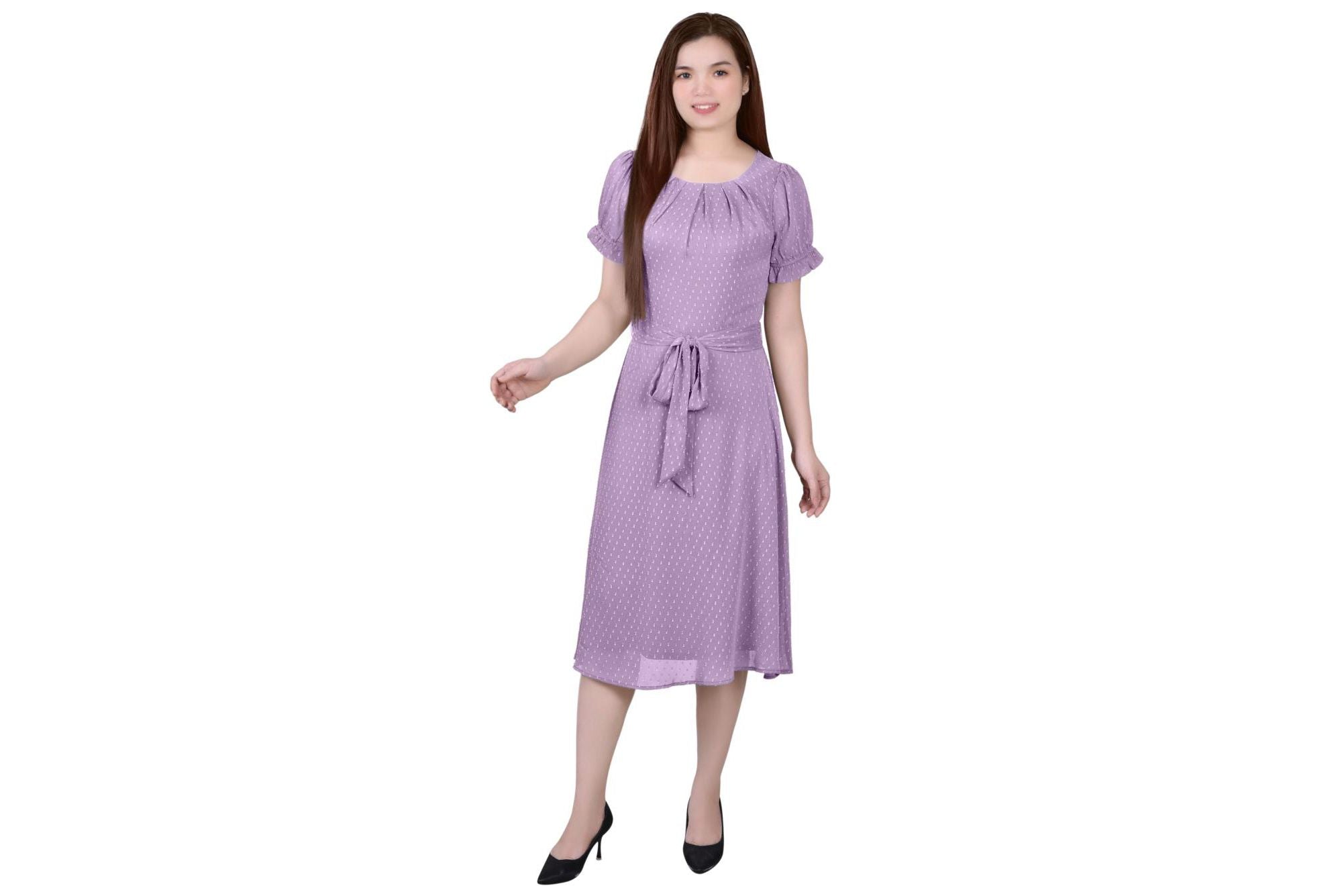 Petite Short Sleeve Belted Swiss Dot Dress