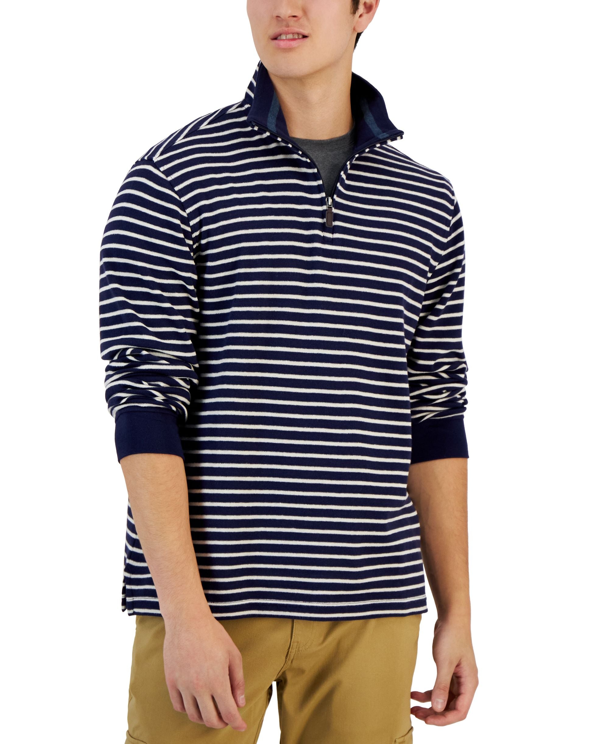 Club Room Mens Classic Fit Striped French Rib Quarter Zip Sweater