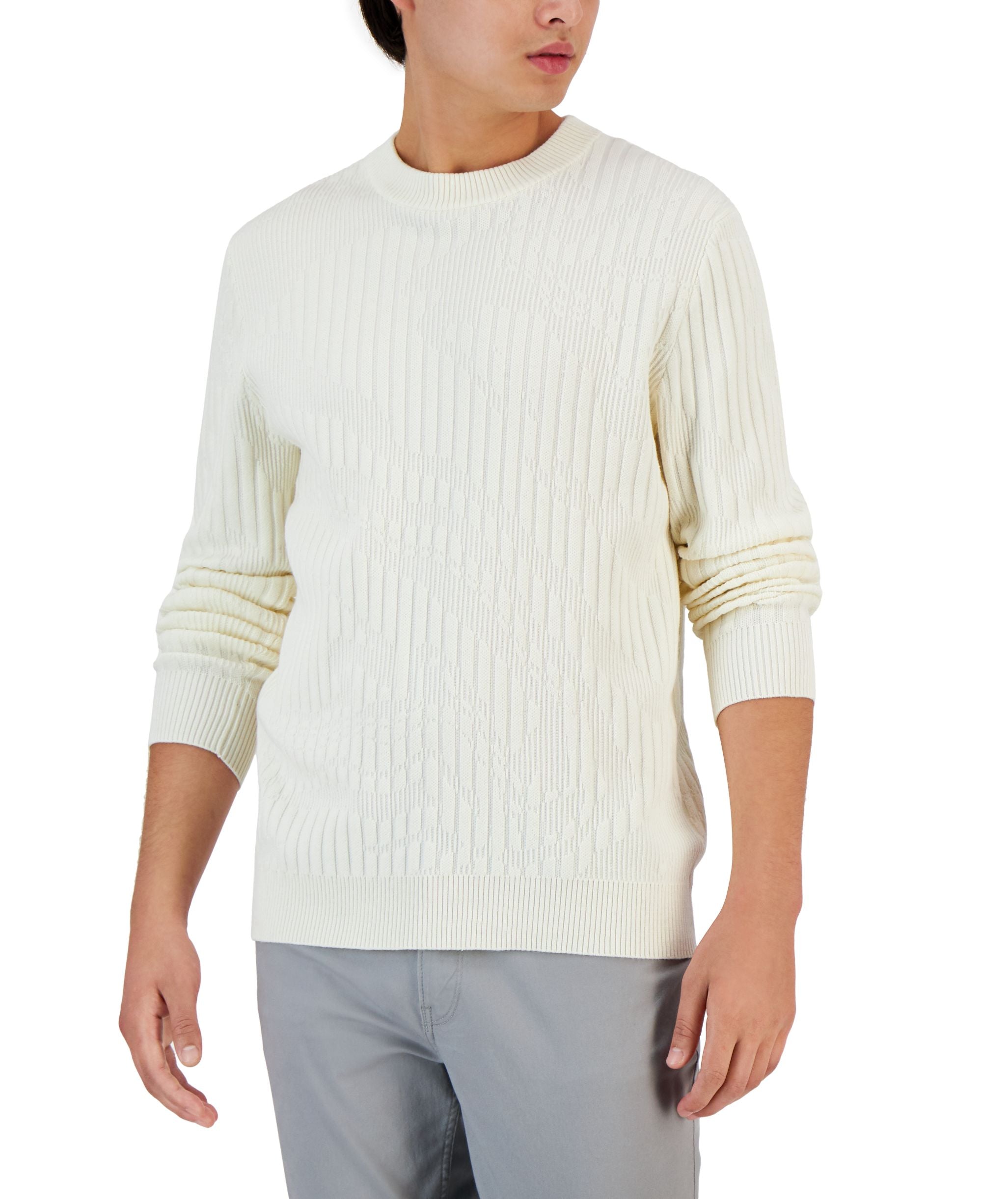 Alfani Mens Ribbed Marble Crewneck Sweater