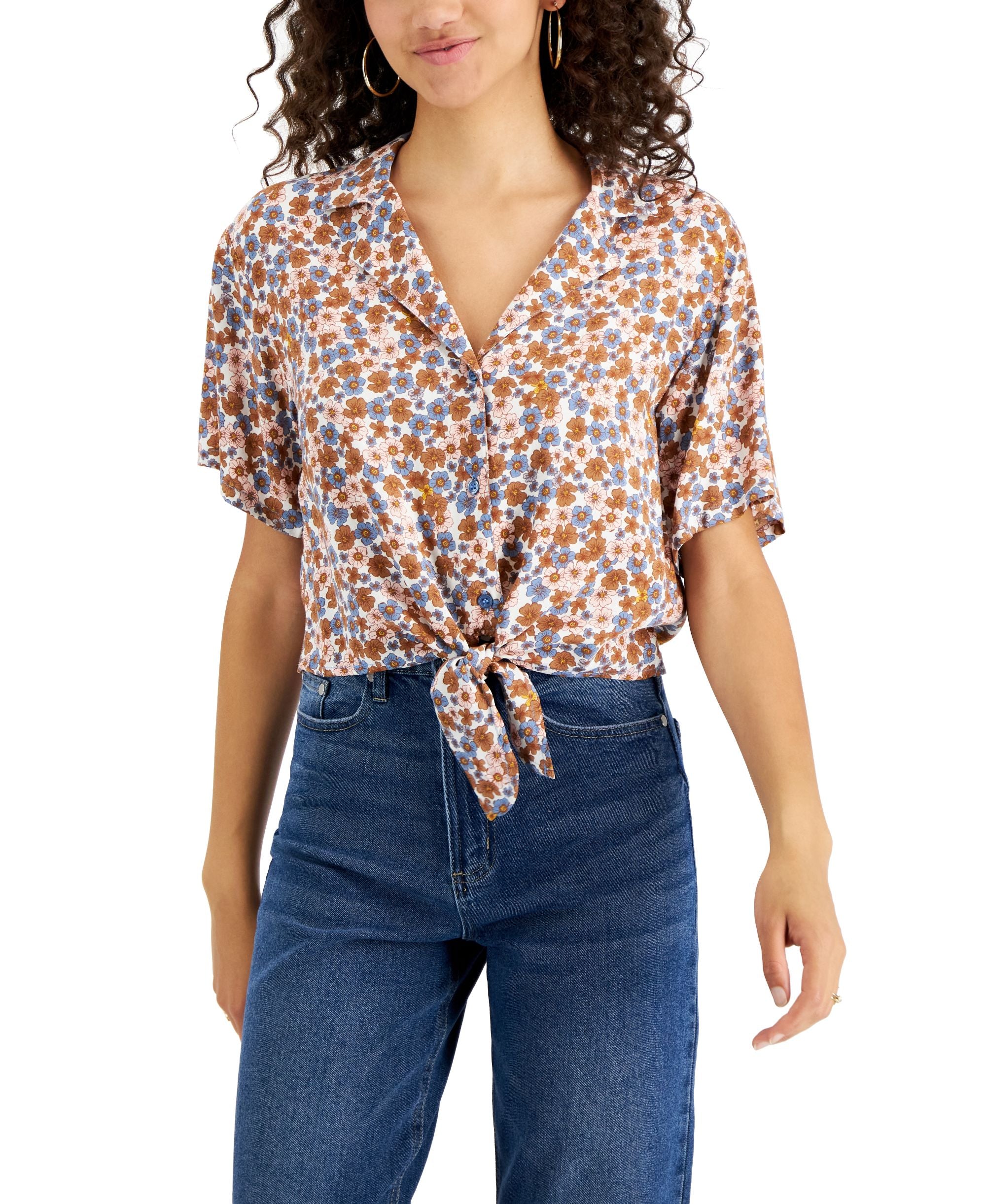 Juniors' Tie-Hem Notched-Lapel Shirt