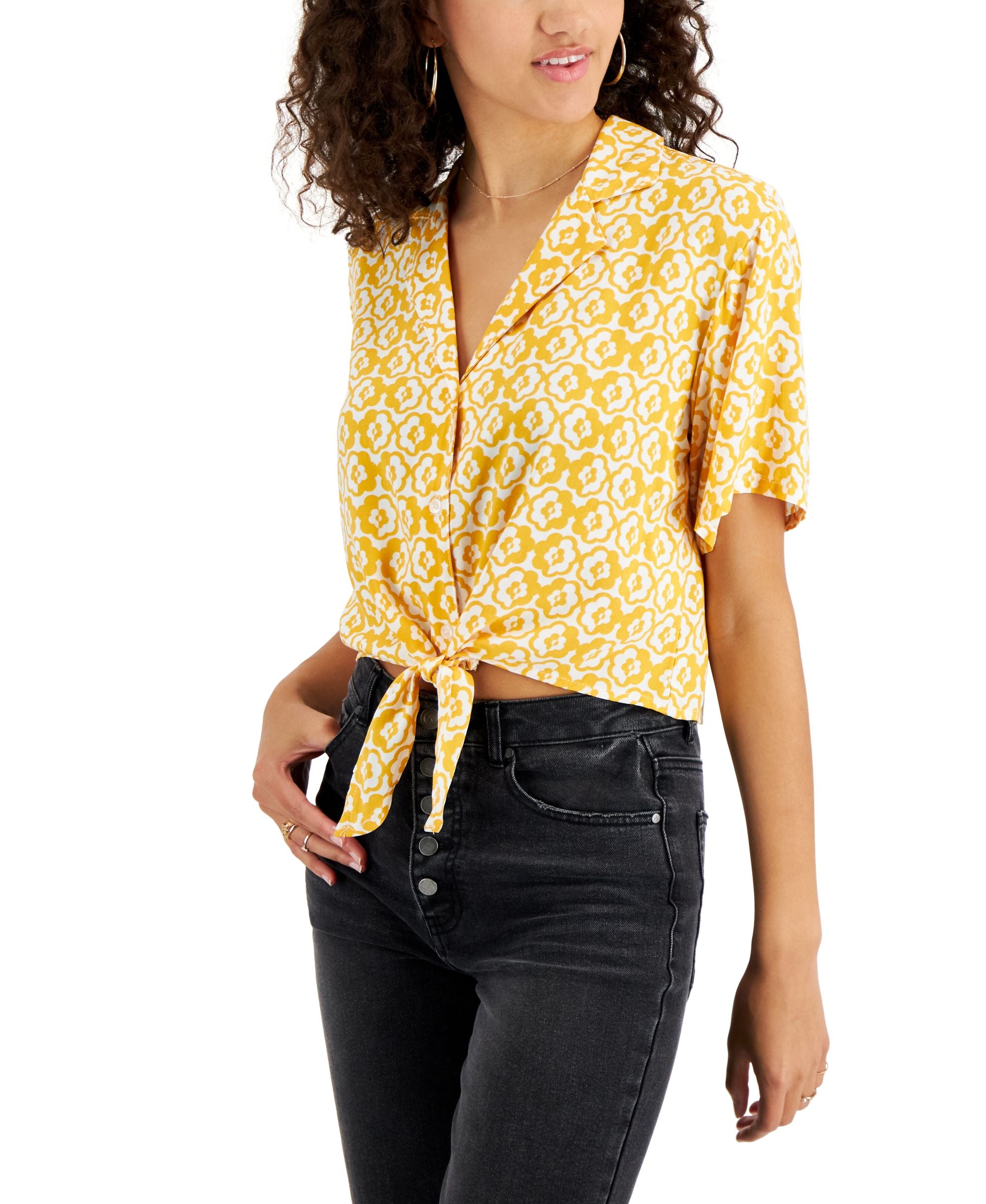 Juniors' Tie-Hem Notched-Lapel Shirt