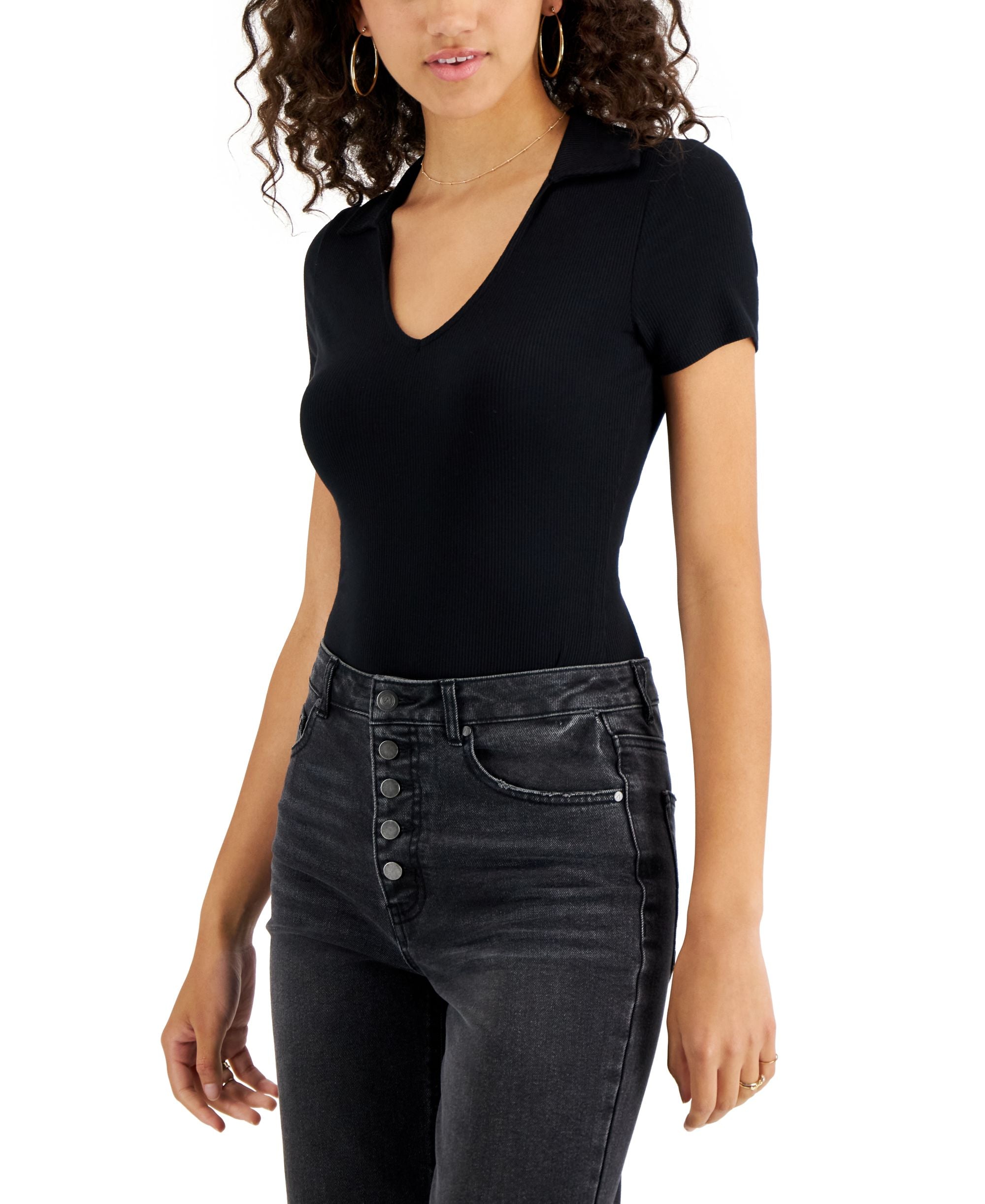 Juniors' Ribbed Collared Bodysuit
