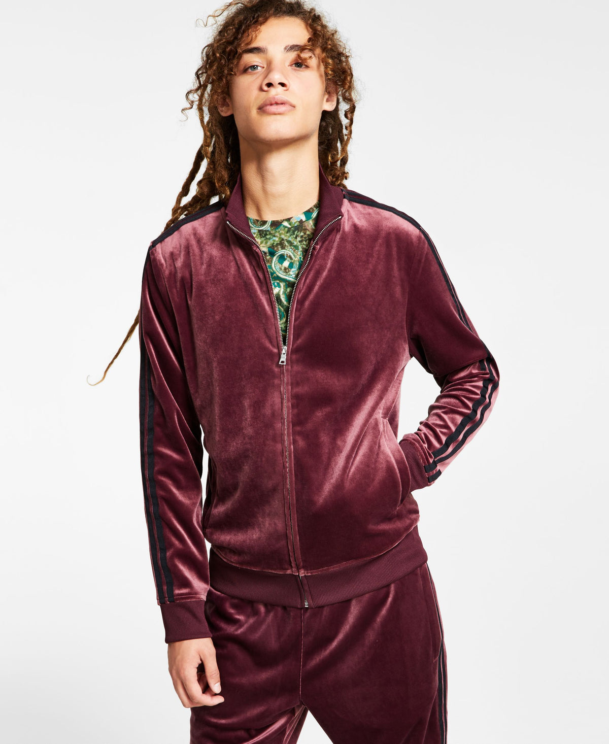 International Concepts Mens Regular Fit Taped Full Zip Velour Track Jacket