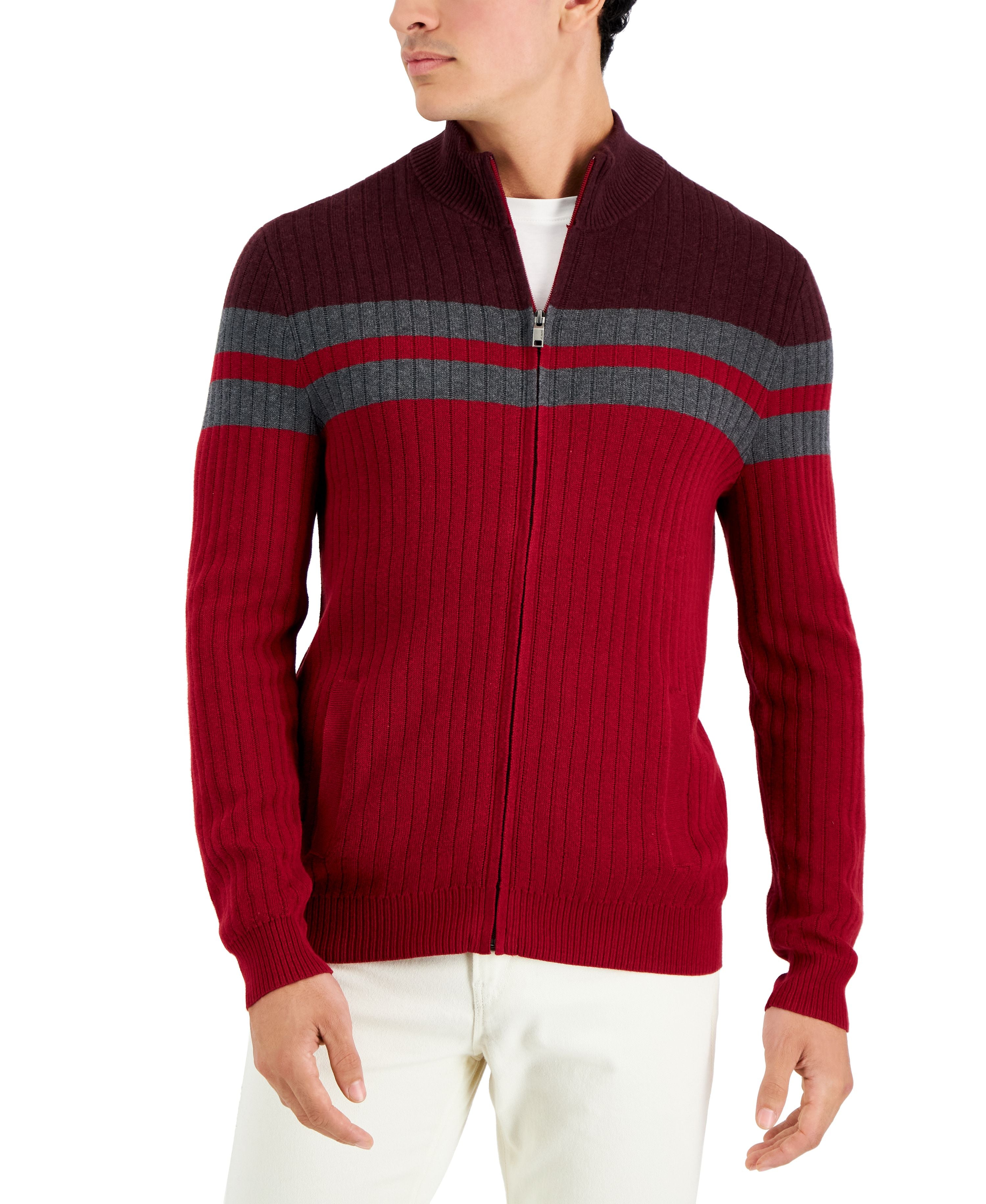 Alfani Mens Regular Fit Colorblocked Stripe Full Zip Cardigan