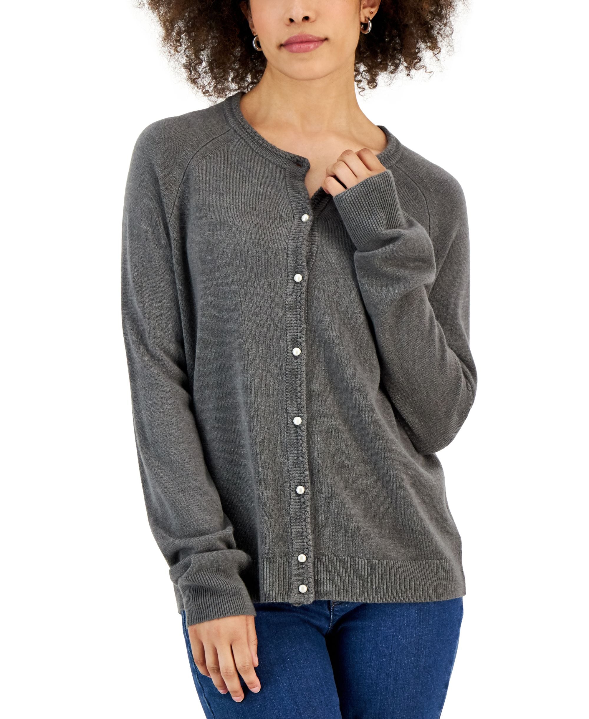 Women's Pearlized Button Crewneck Cardigan