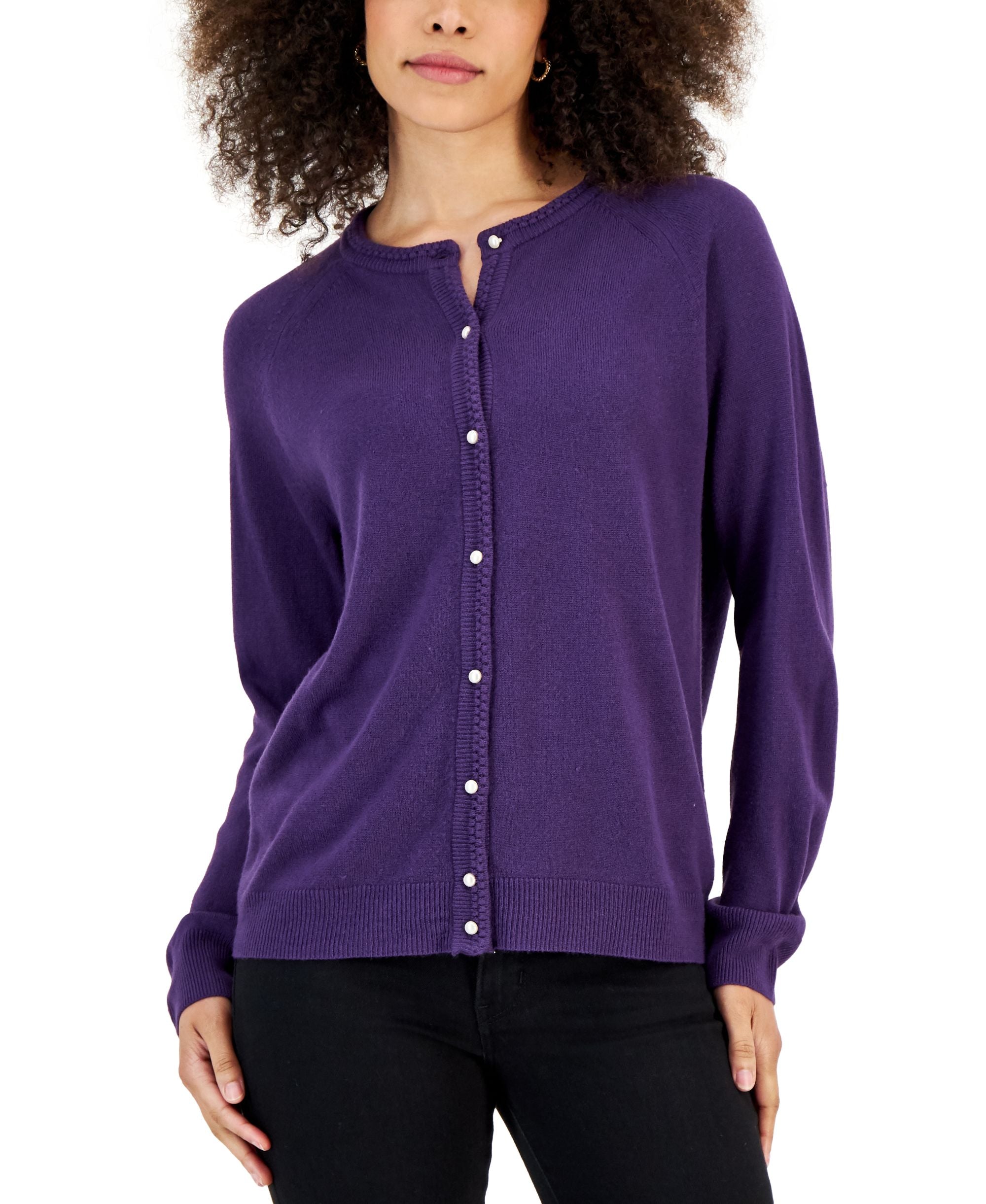 Women's Pearlized Button Crewneck Cardigan