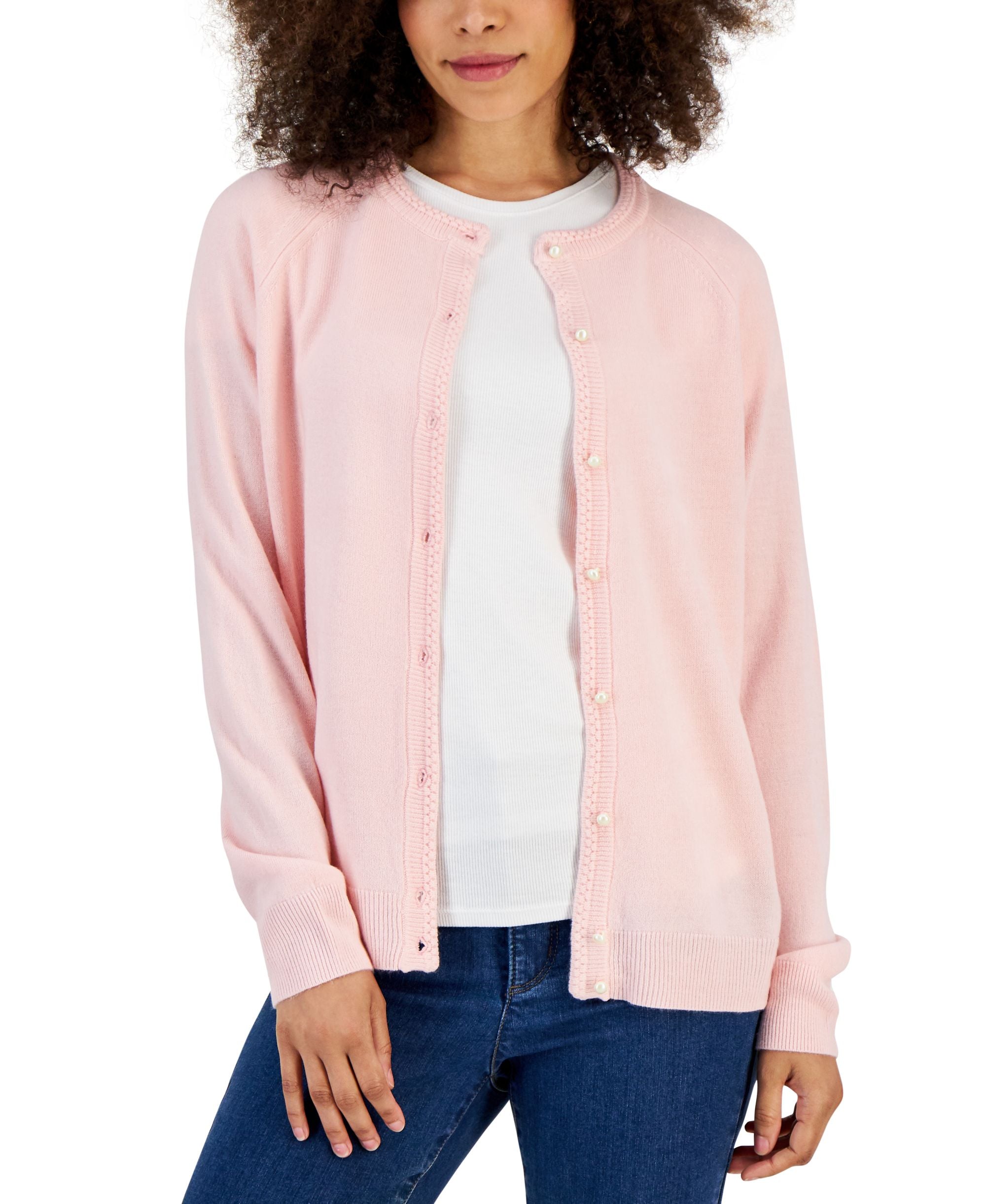 Women's Pearlized Button Crewneck Cardigan