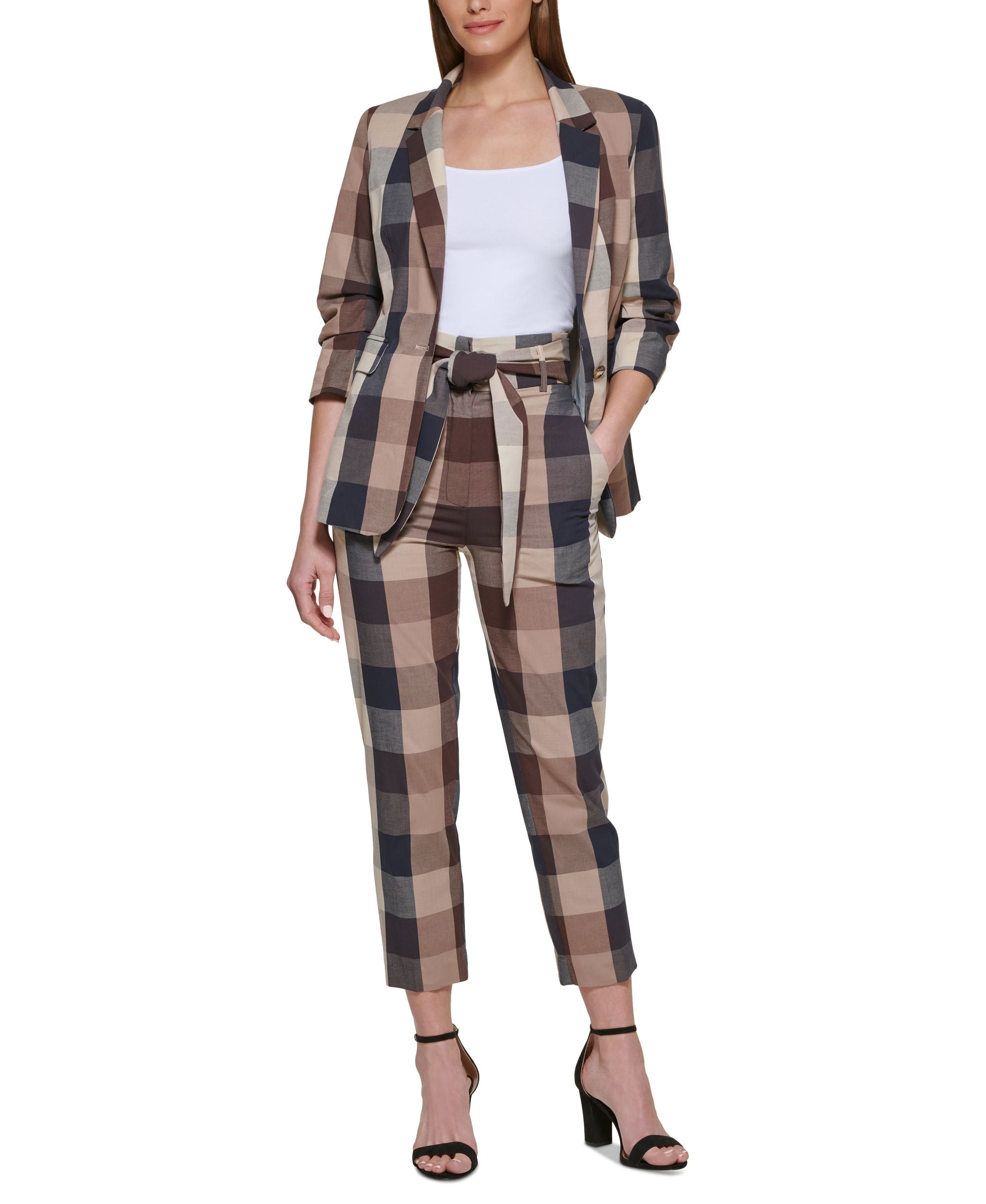 Petite Ruched-Sleeve Check Madison Jacket
