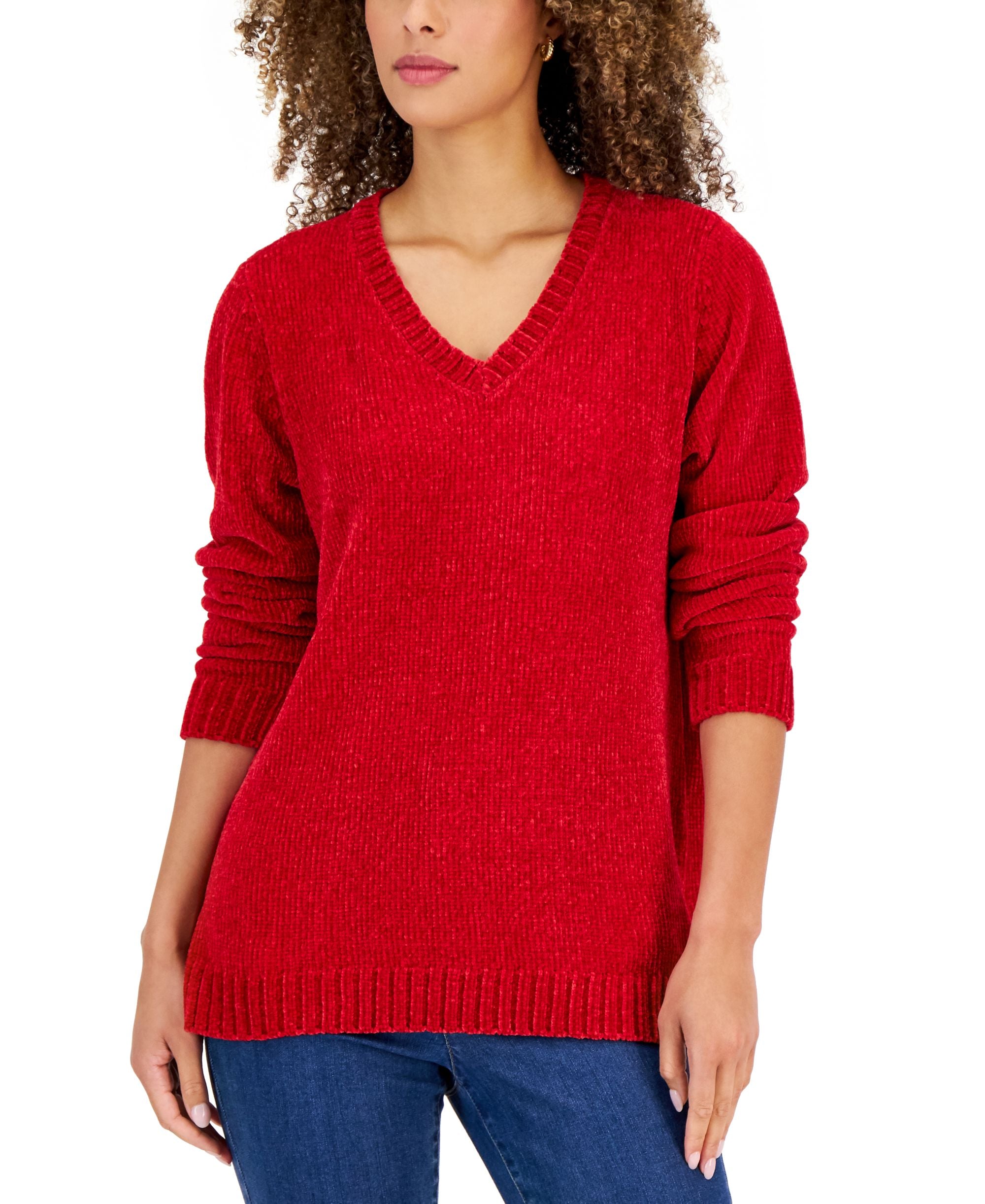 Karen Scott Petite Chenille V Neck Sweater