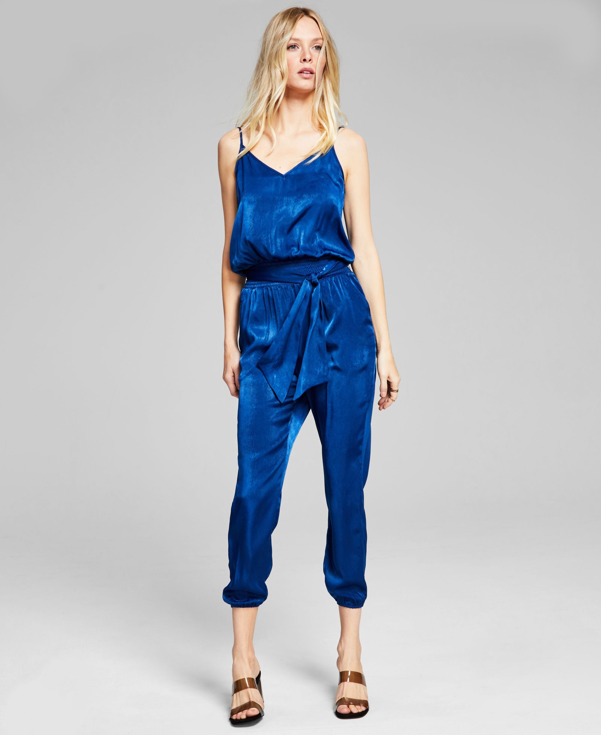 Women's Sleeveless Belted Satin Jumpsuit