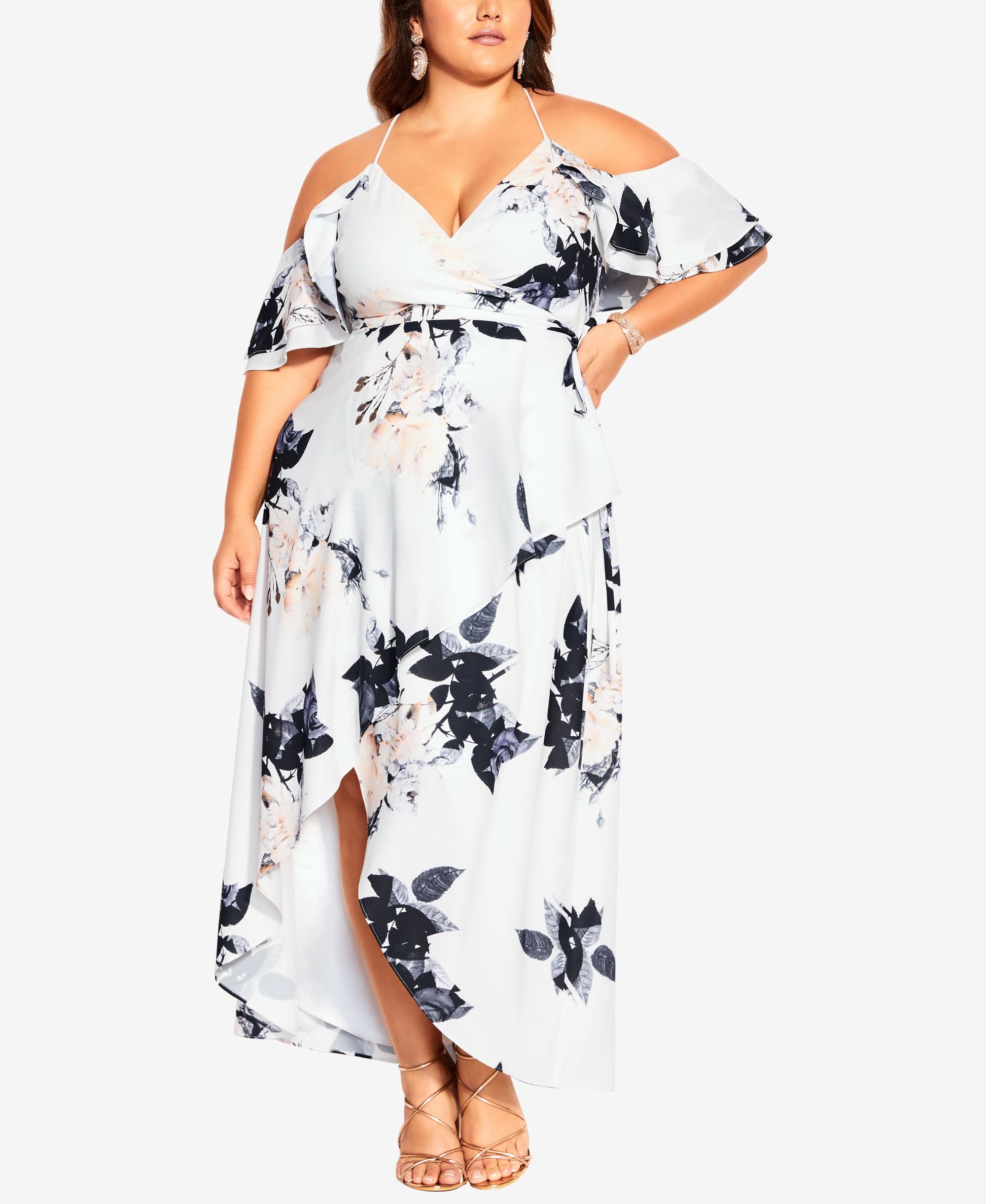 City Chic Delicate Floral Cold Shoulder Faux Wrap Dress