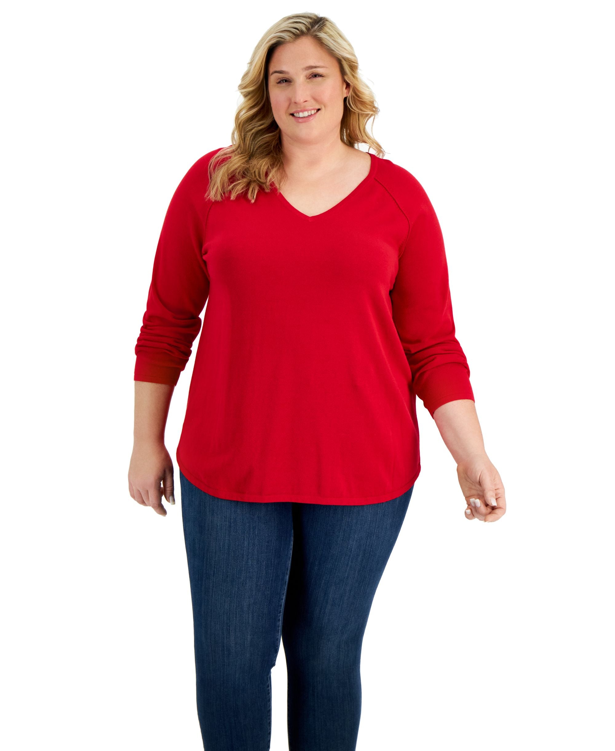 Karen Scott Plus Size Cotton V Neck Curved Hem Sweater