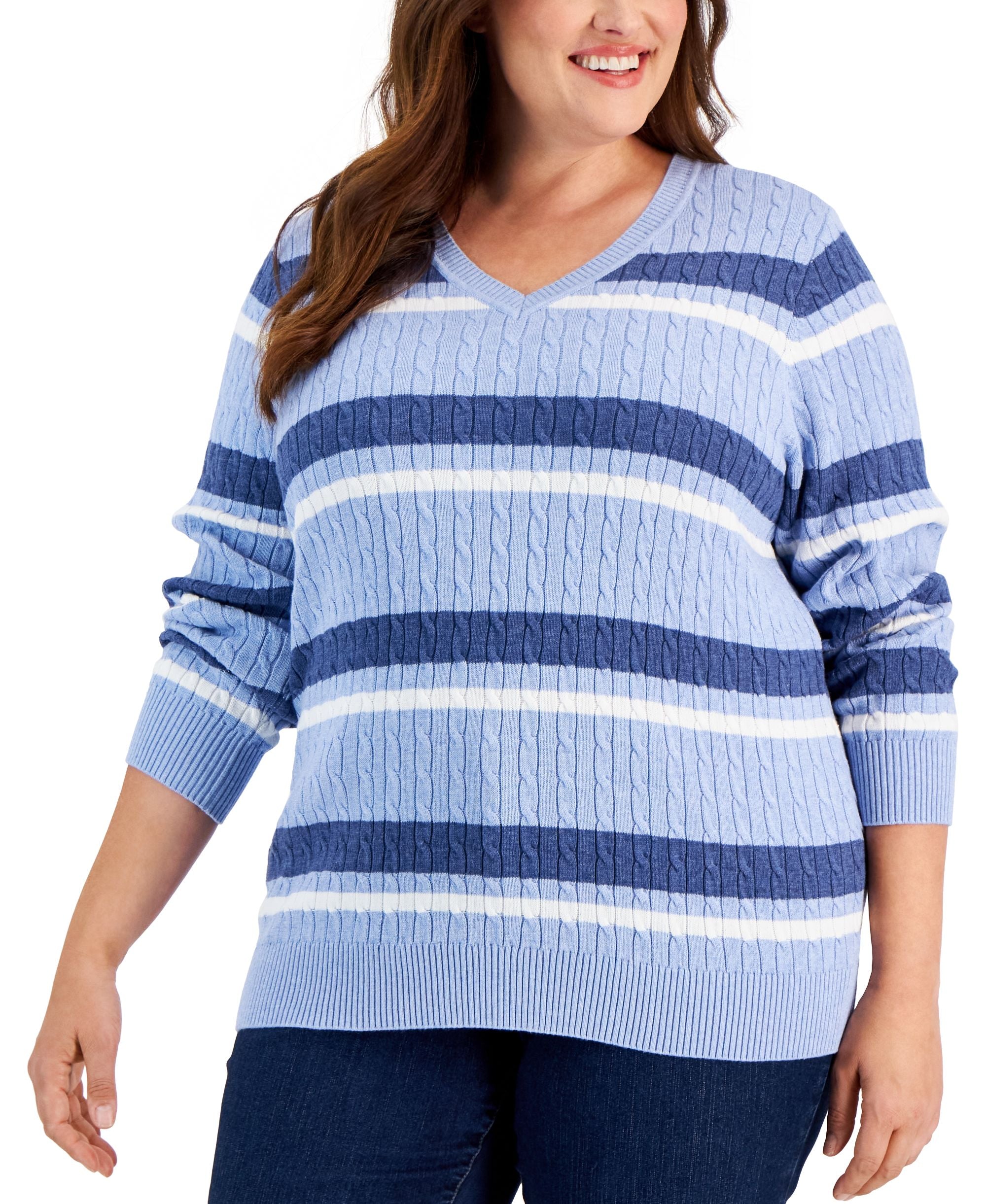 Karen Scott Plus Size Striped Cable Knit Sweater