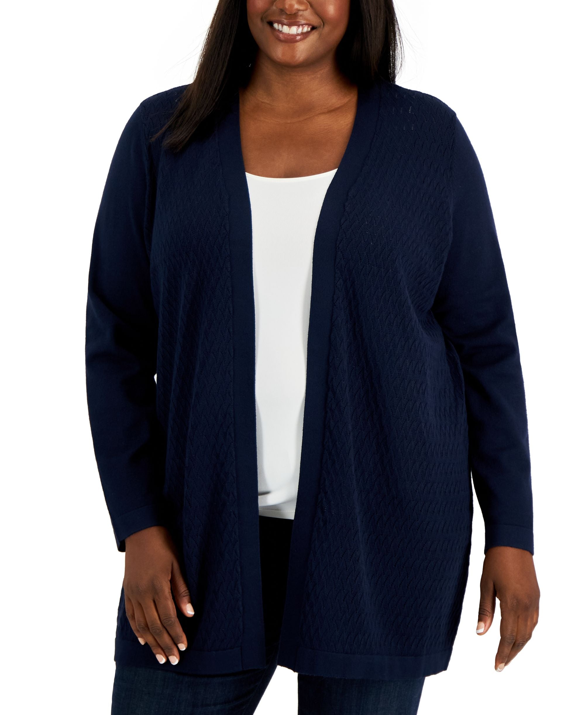 Karen Scott Plus Size Textured Knit Open Front Cardigan