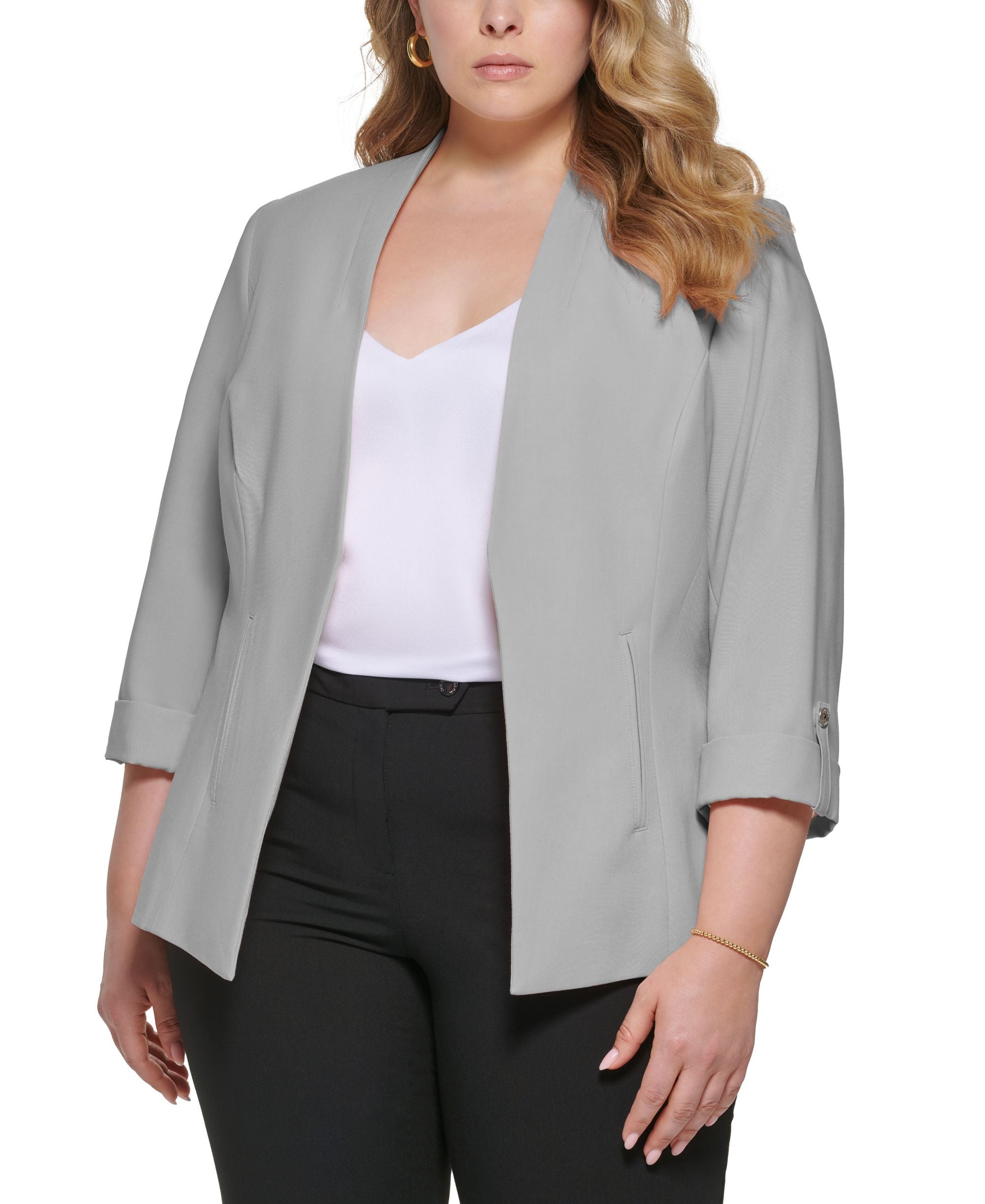 Calvin Klein Plus Size Open-Front 3/4-Roll-Tab Sleeve Blazer