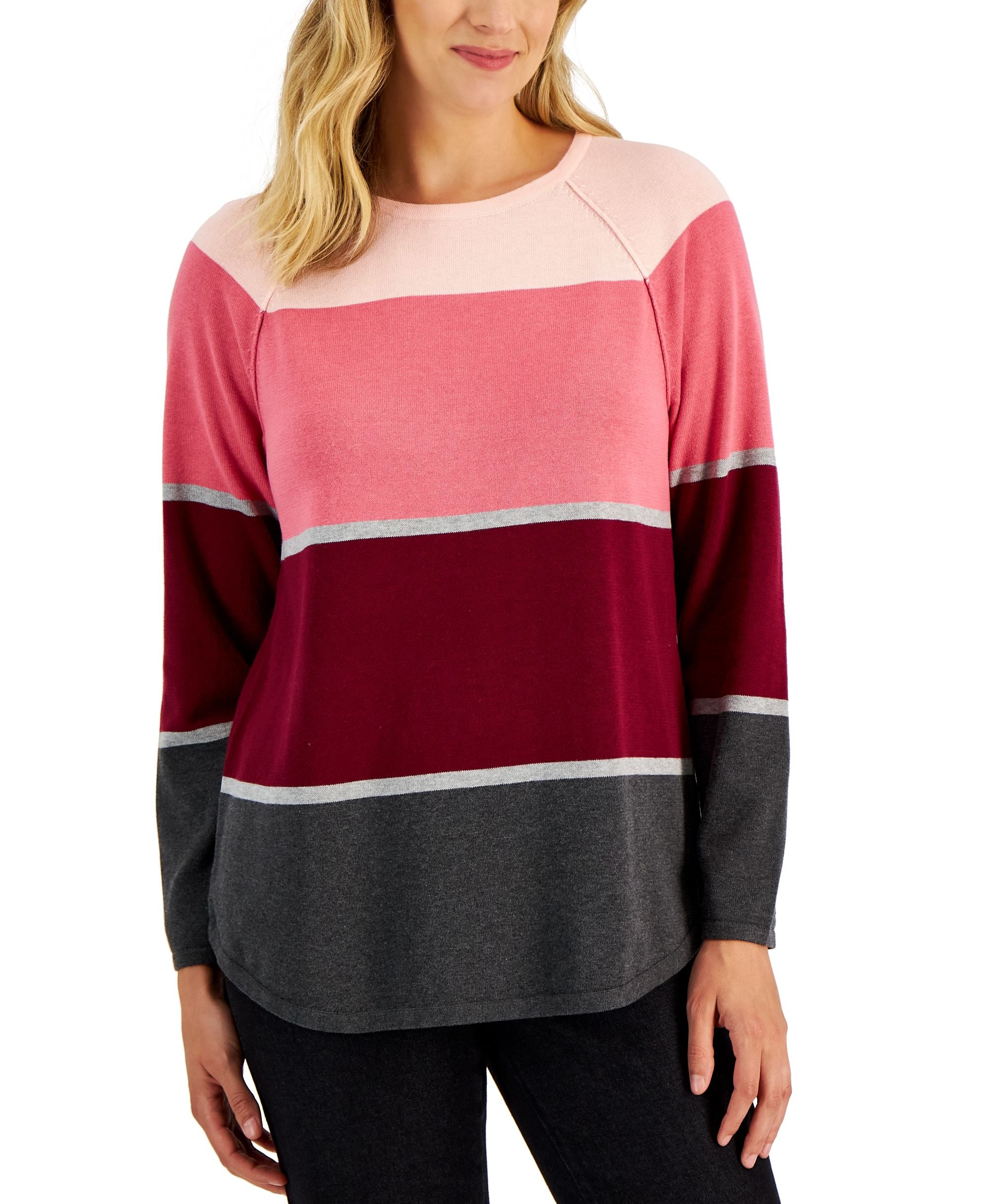 Karen Scott Womens Thea Cotton Colorblocked Sweater