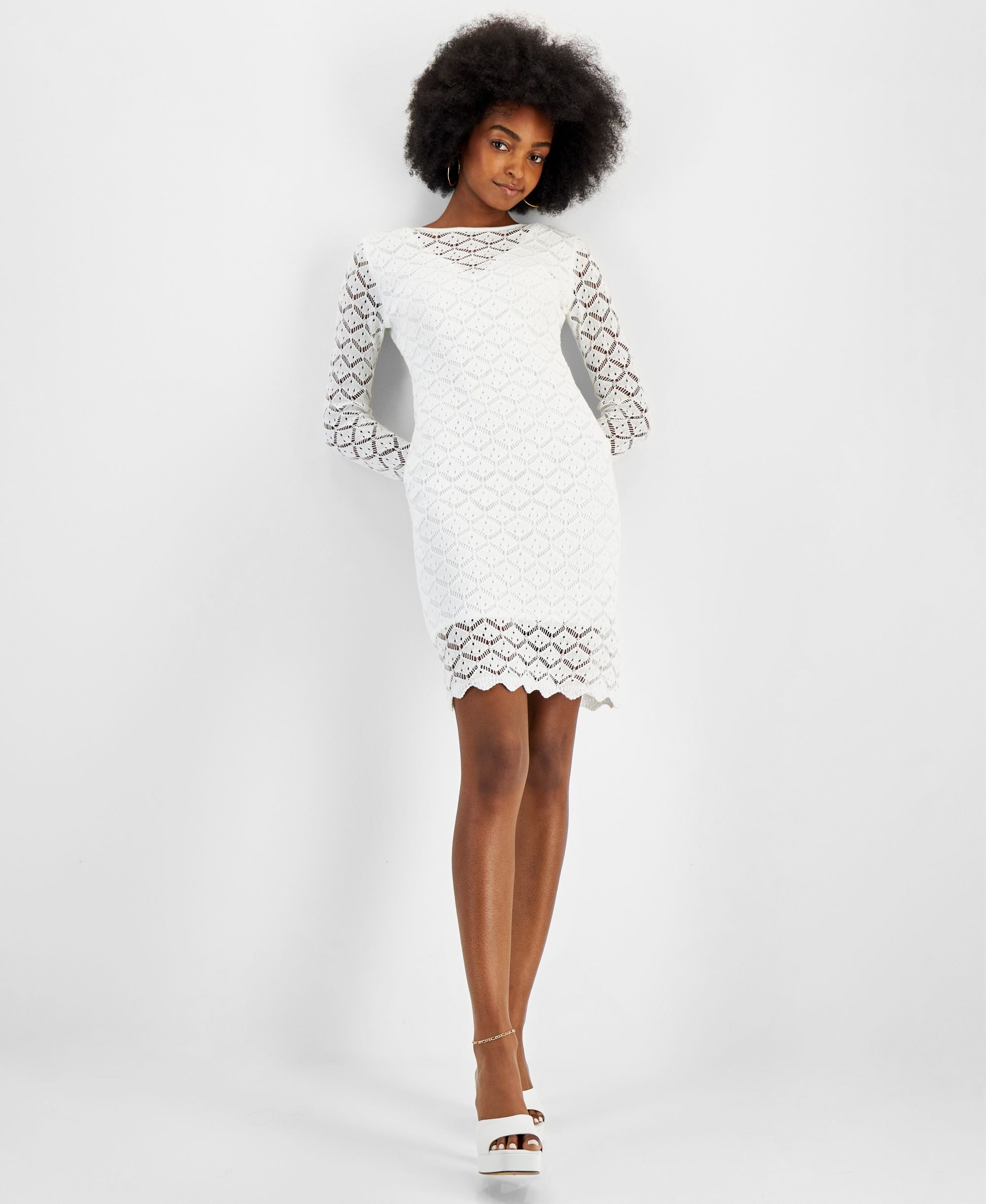 Guess Womens Long Sleeve Diamond Pointelle Dress