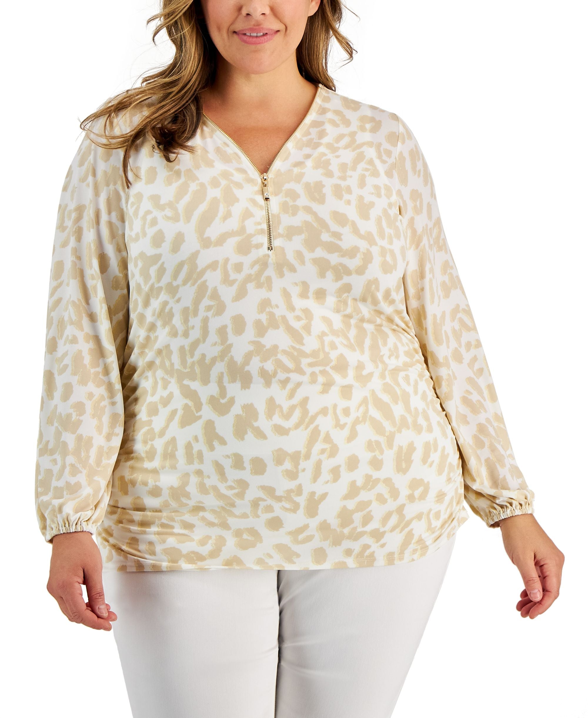 JM Collection Plus Size Zip Front Animal Print Top