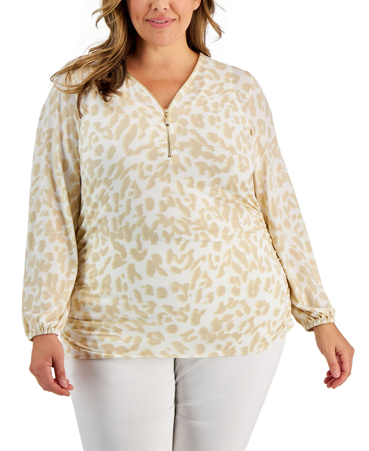 JM Collection Plus Size Zip Front Animal Print Top