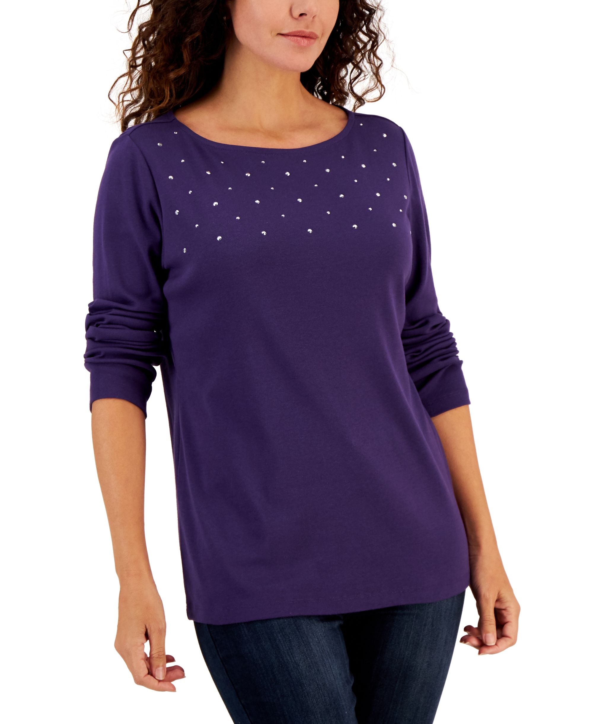 Karen Scott Womens Embellished Cotton Tunic Top