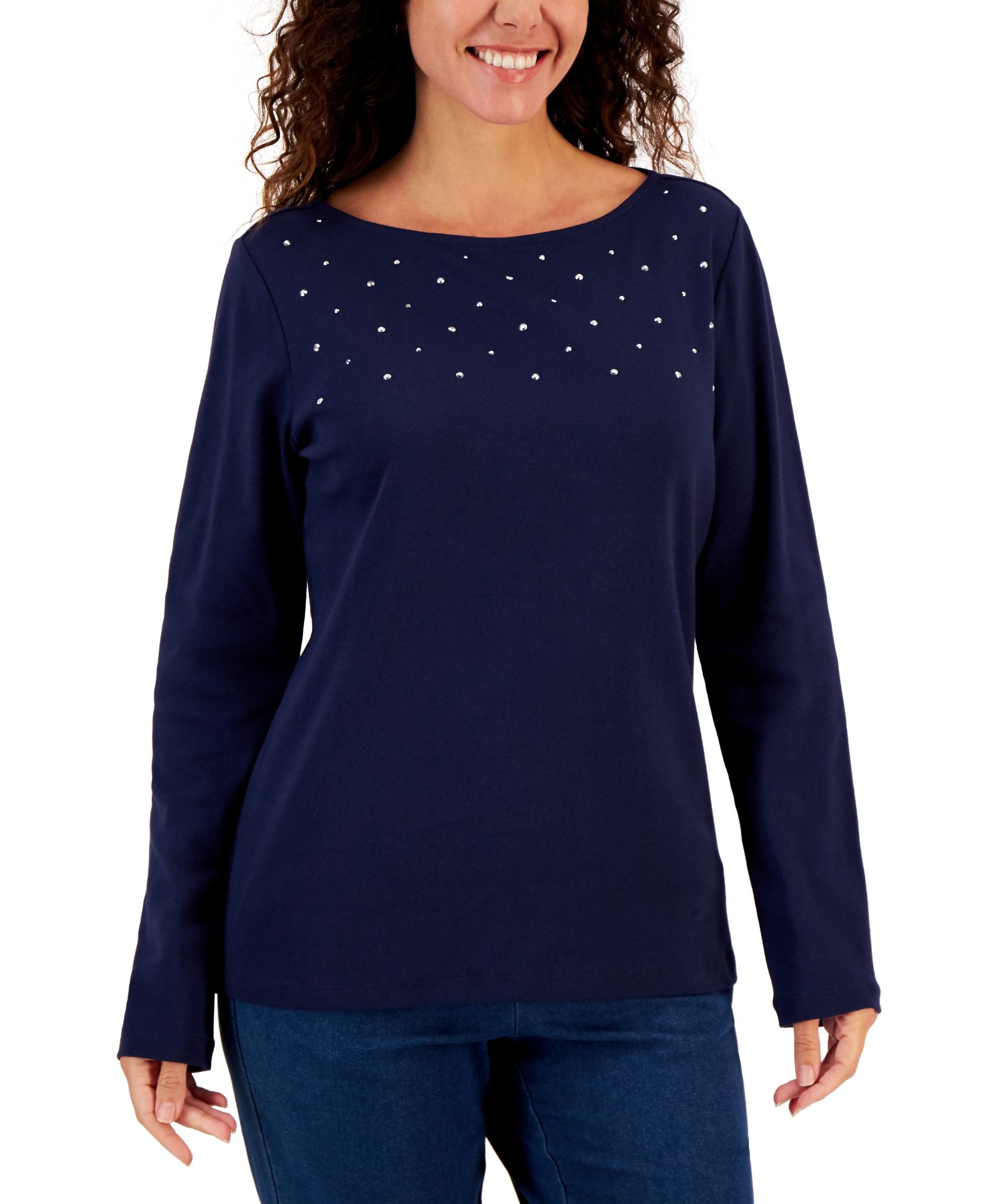 Karen Scott Womens Embellished Cotton Tunic Top
