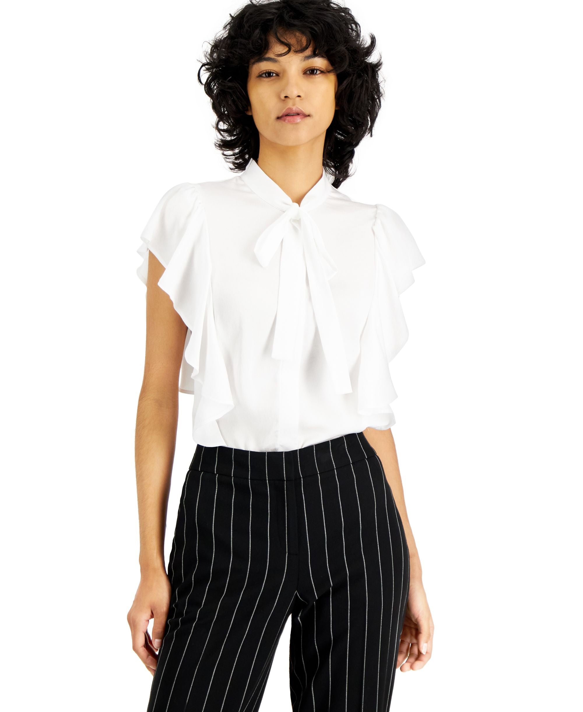 Bar III Womens Tie Neck Ruffled Blouse