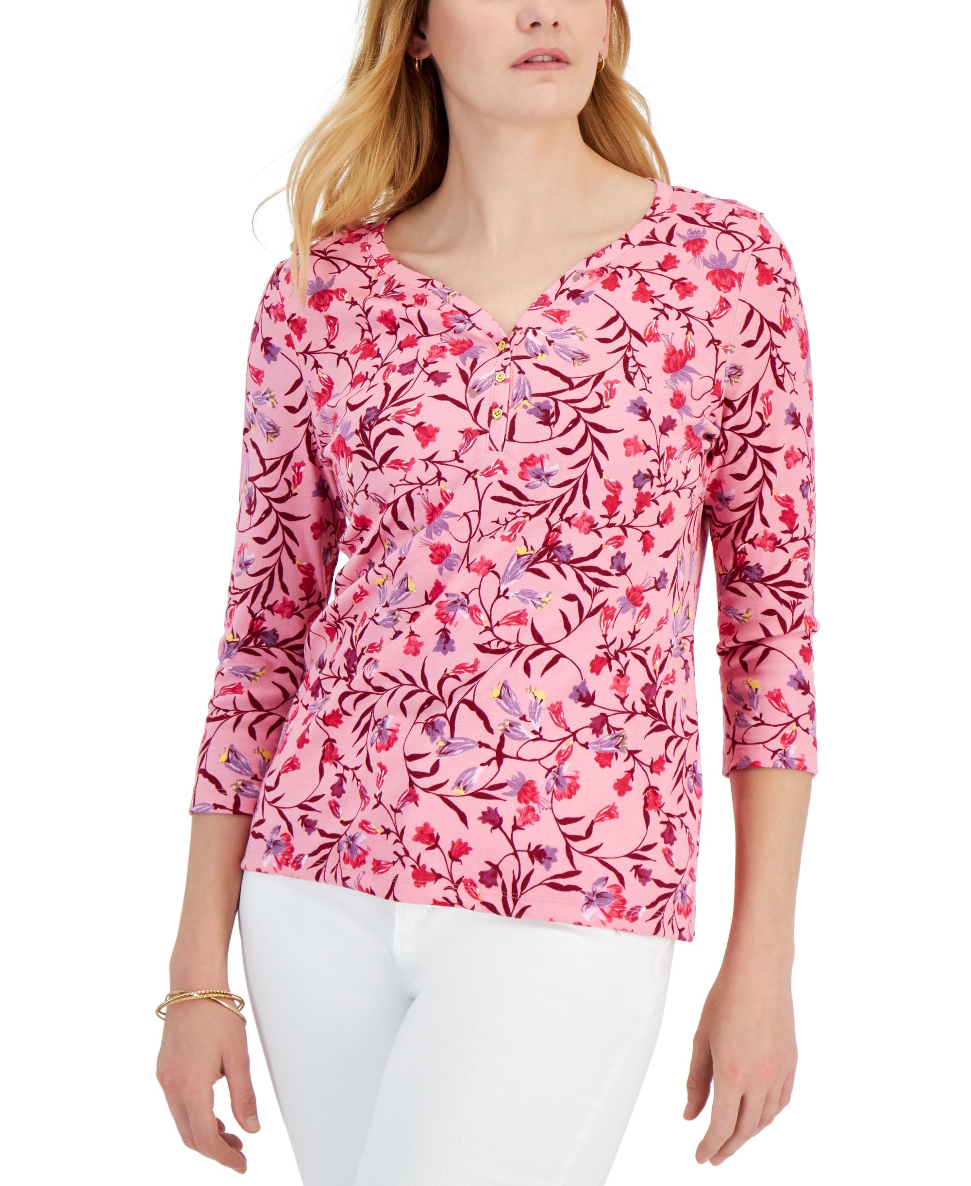 Karen Scott Womens Carolina Vine Print 3/4 Sleeve Henley Top