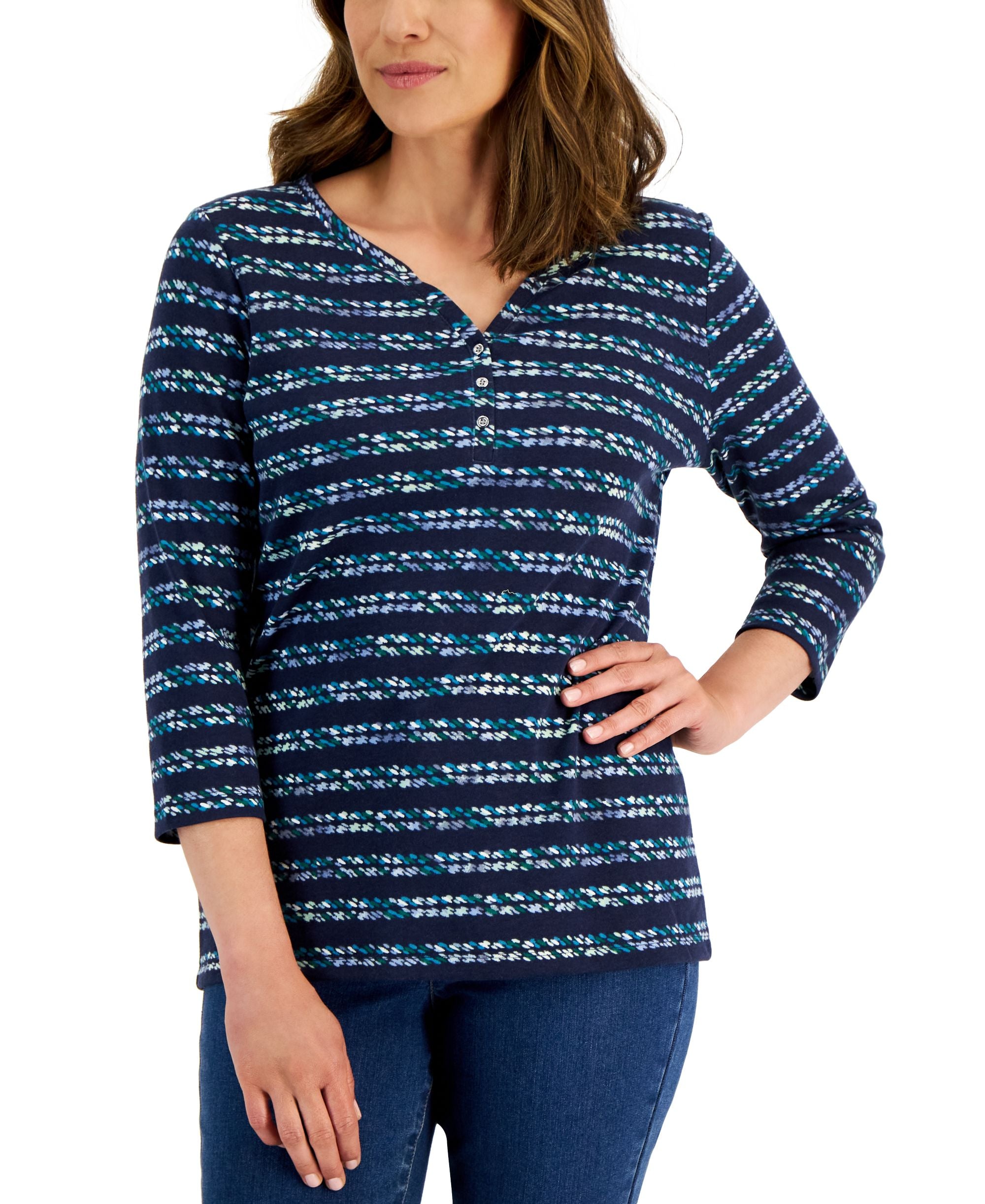 Karen Scott Womens Nico Striped 3/4 Sleeve Henley Top