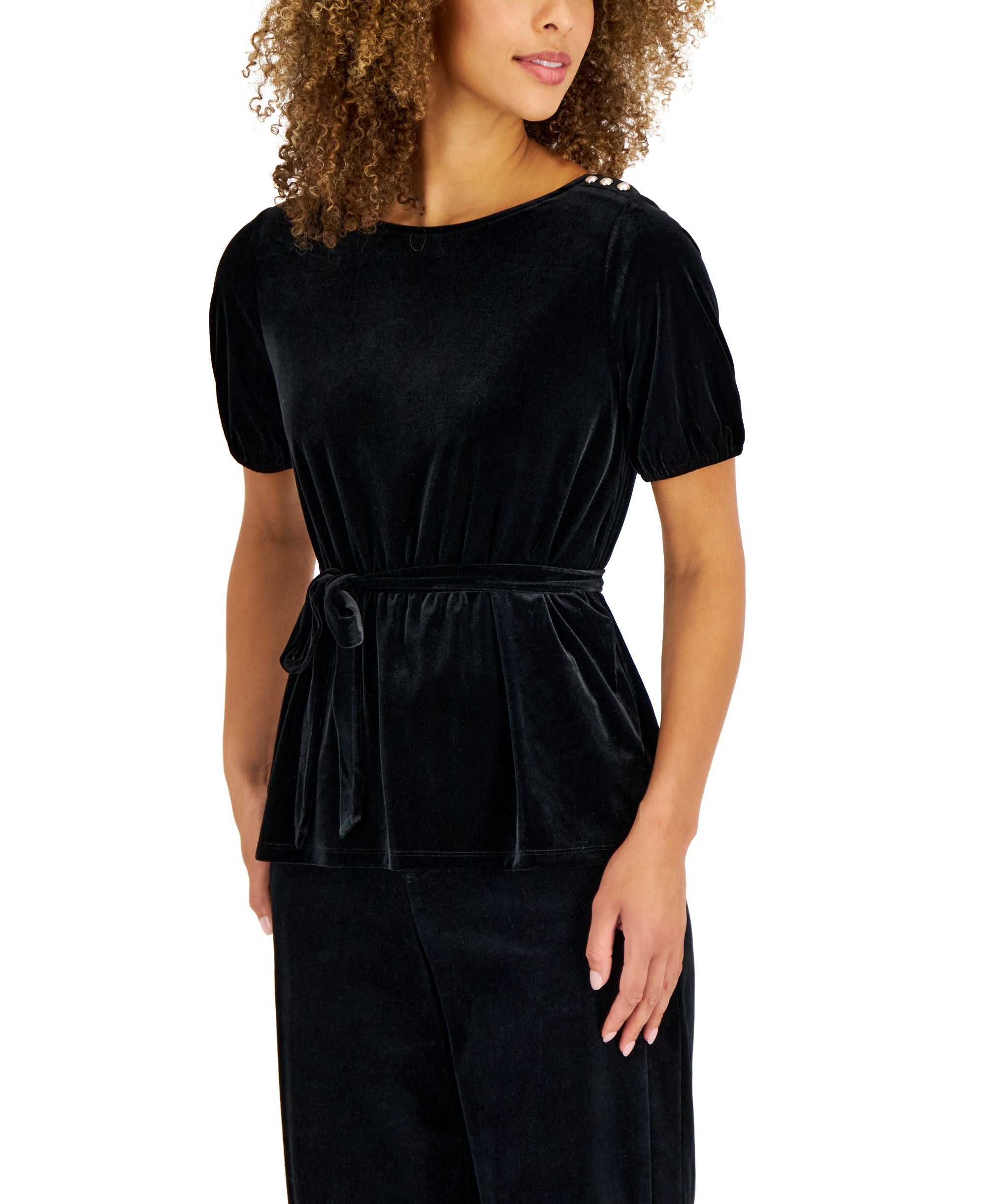 Charter Club Petite Velvet Button Shoulder Tie Waist Top