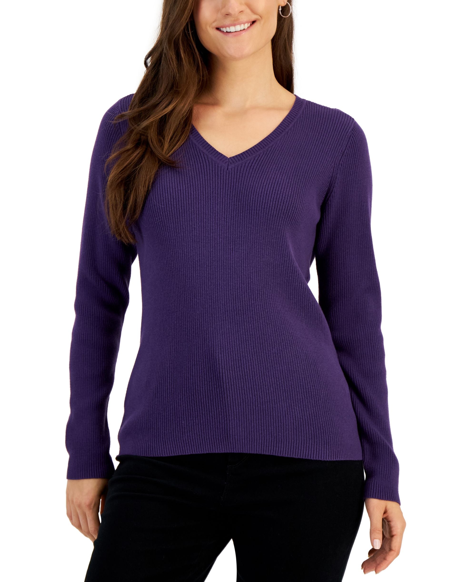 Petite Cotton V-Neck Ribbed Sweater