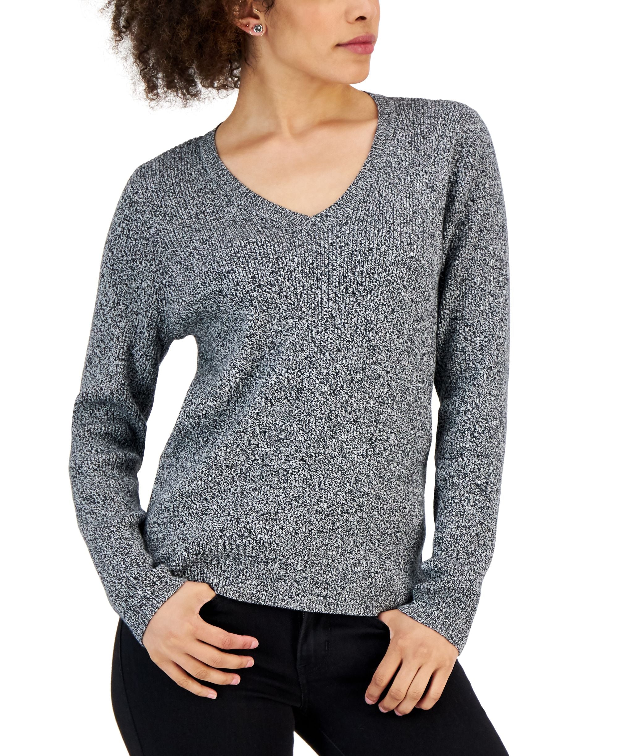 Petite Cotton V-Neck Ribbed Sweater