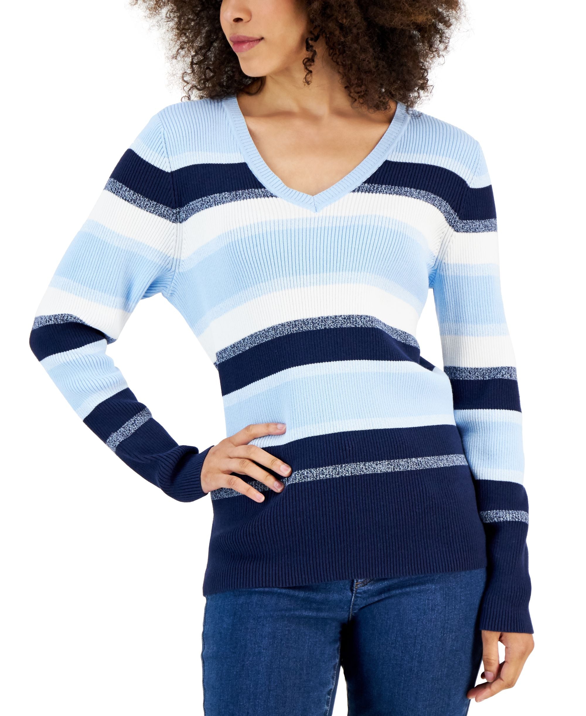 Karen Scott Petite Cotton Ribbed V Neck Sydnie Stripe Sweater