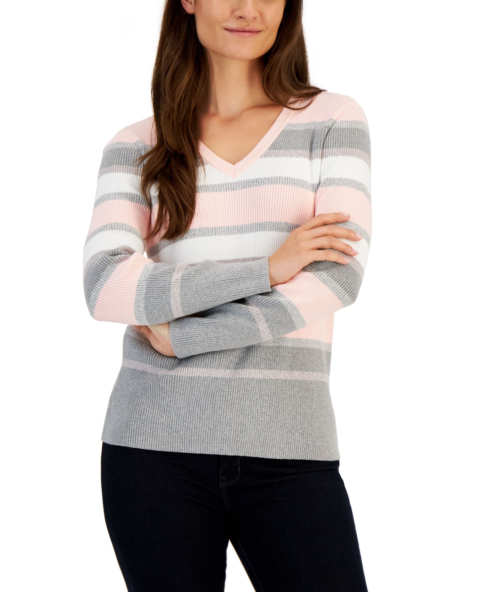 Karen Scott Womens Ribbed V Neck Sweater
