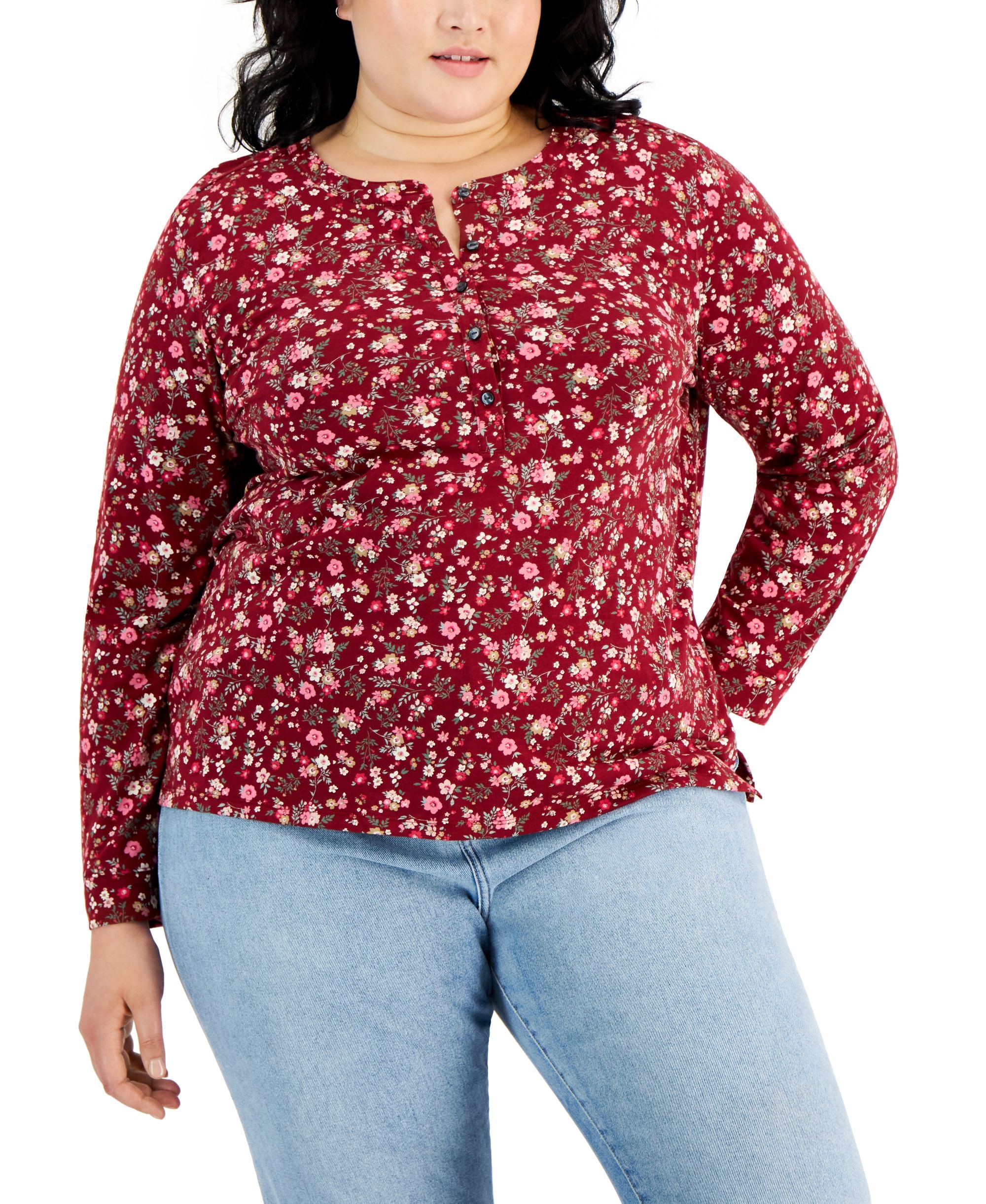 Style & Co Plus Size Cotton Printed Henley T-Shirt