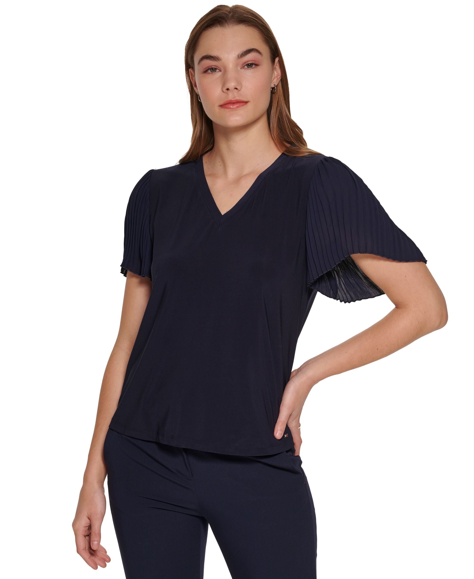 Tommy Hilfiger Womens Pleated Sleeve Top
