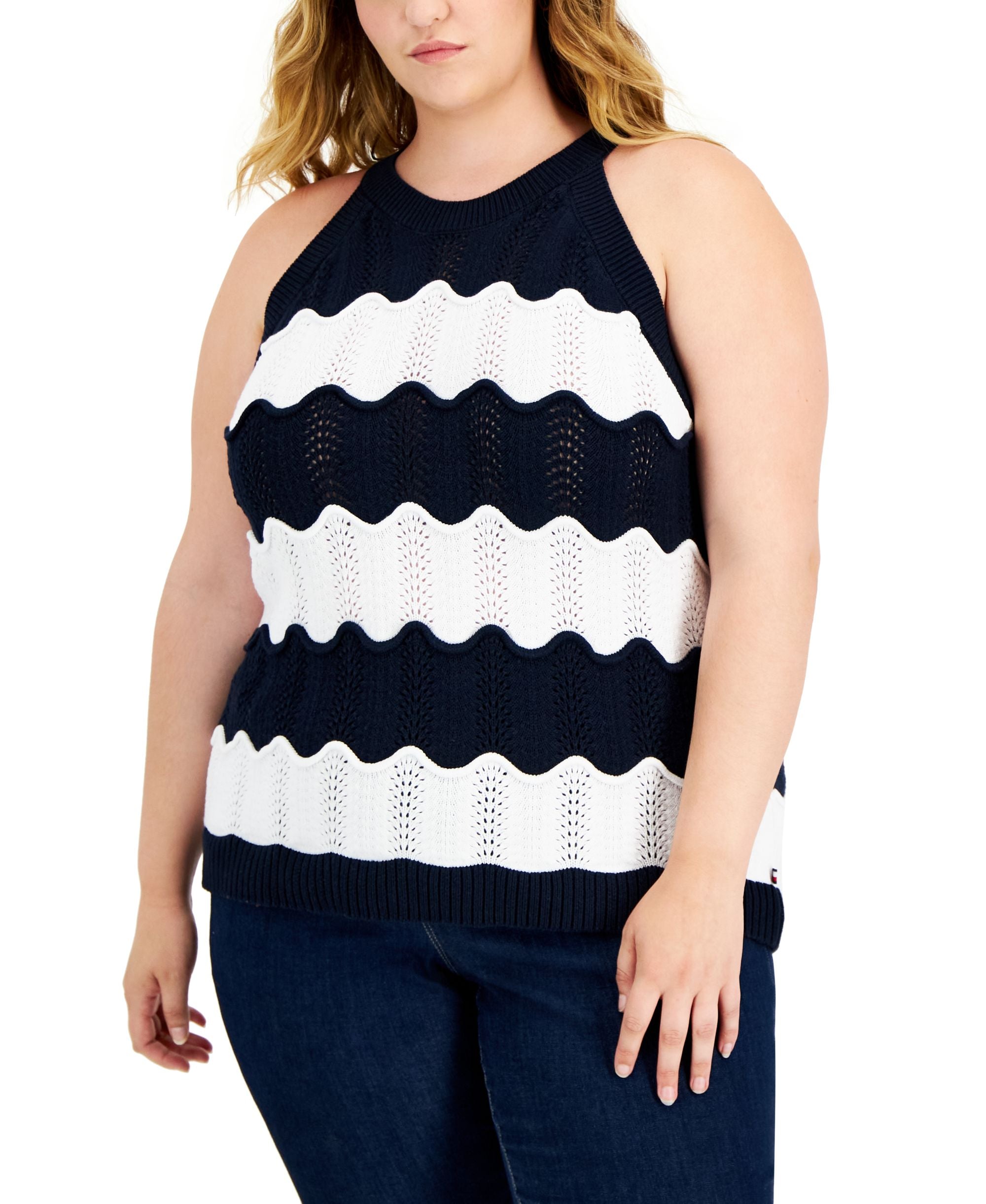 Tommy Hilfiger Plus Size Scallop Stripe Sleeveless Sweater Tank Top