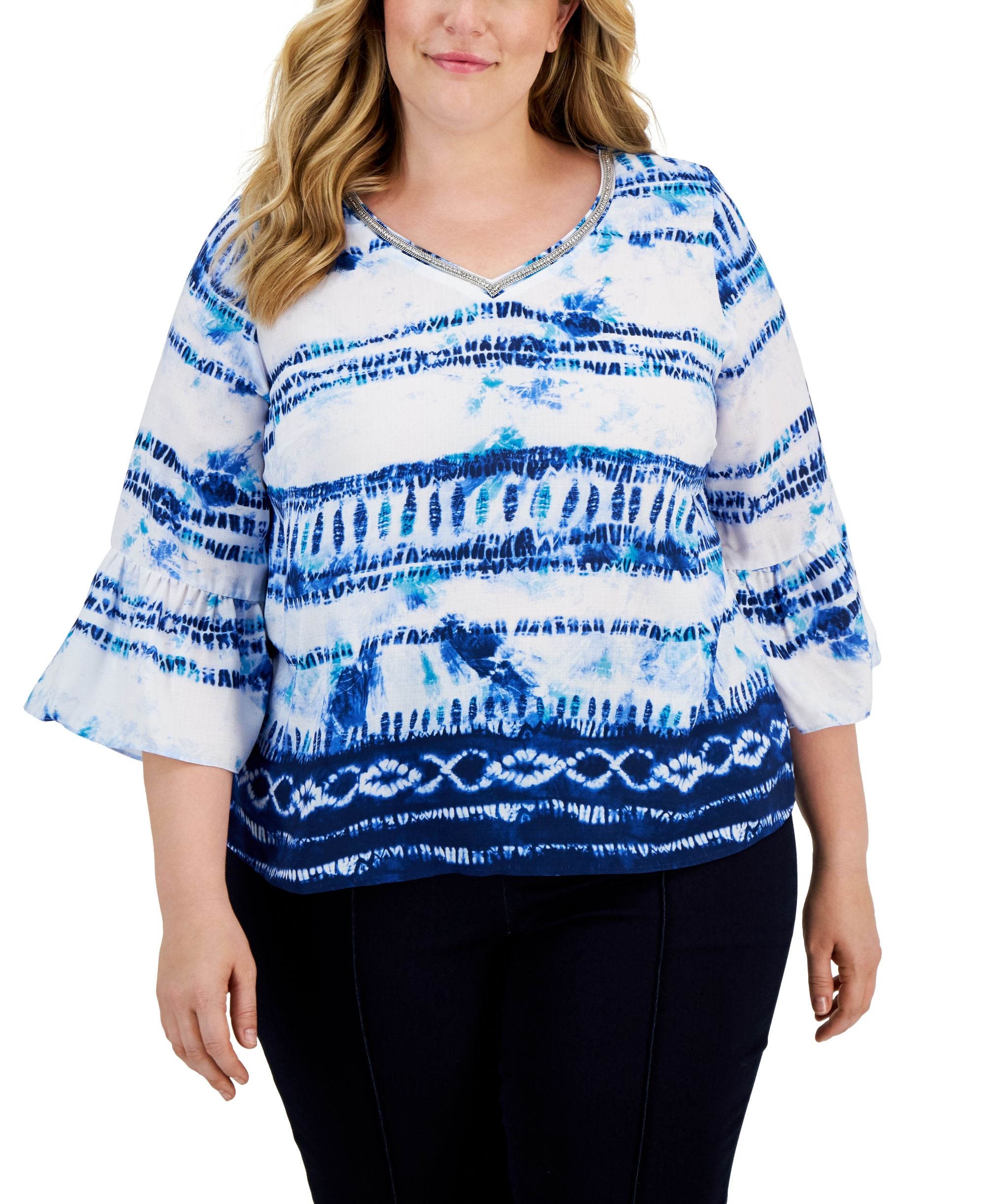 JM Collection Plus Size Printed Bell Sleeve Top