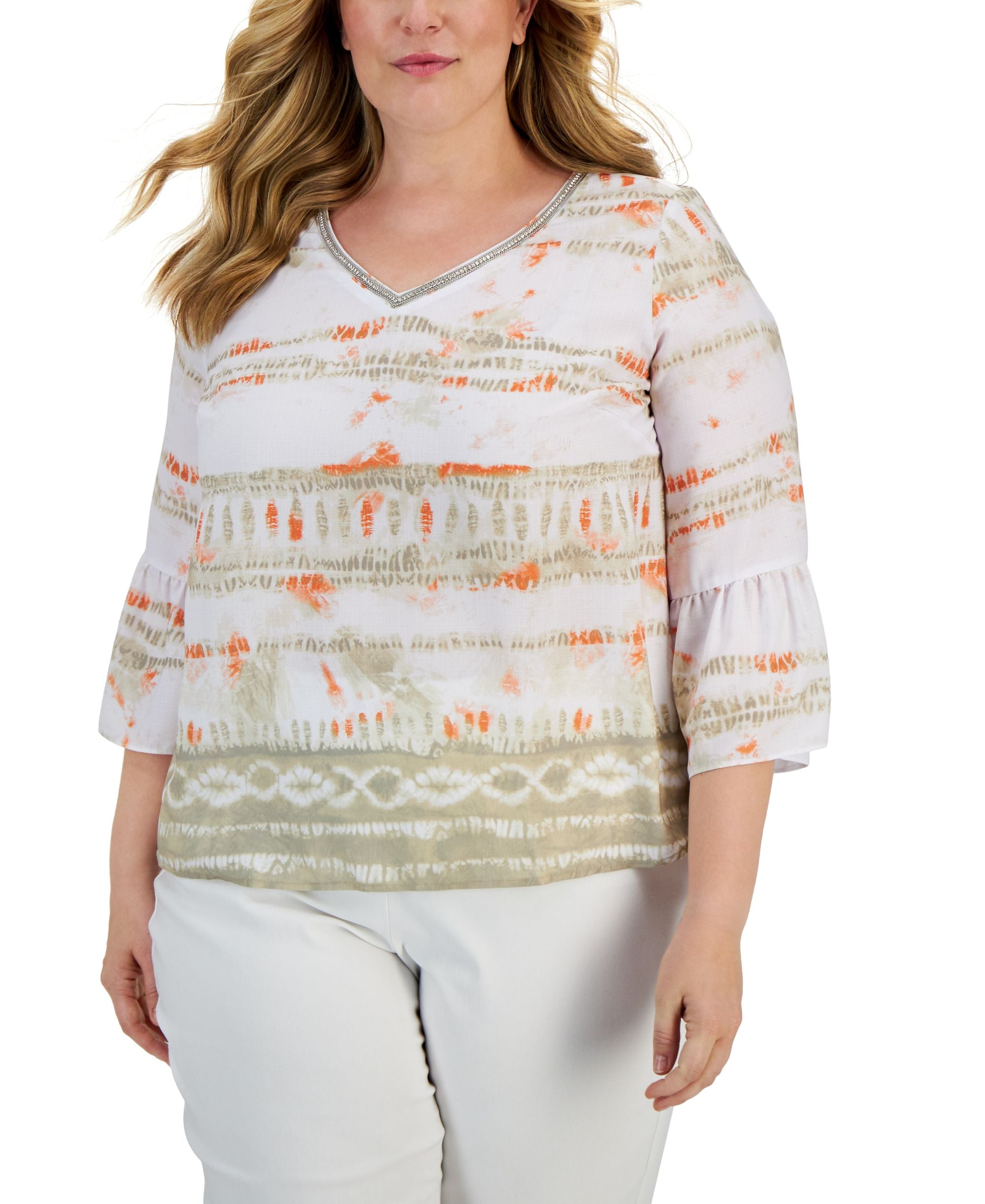 JM Collection Plus Size Printed Bell Sleeve Top