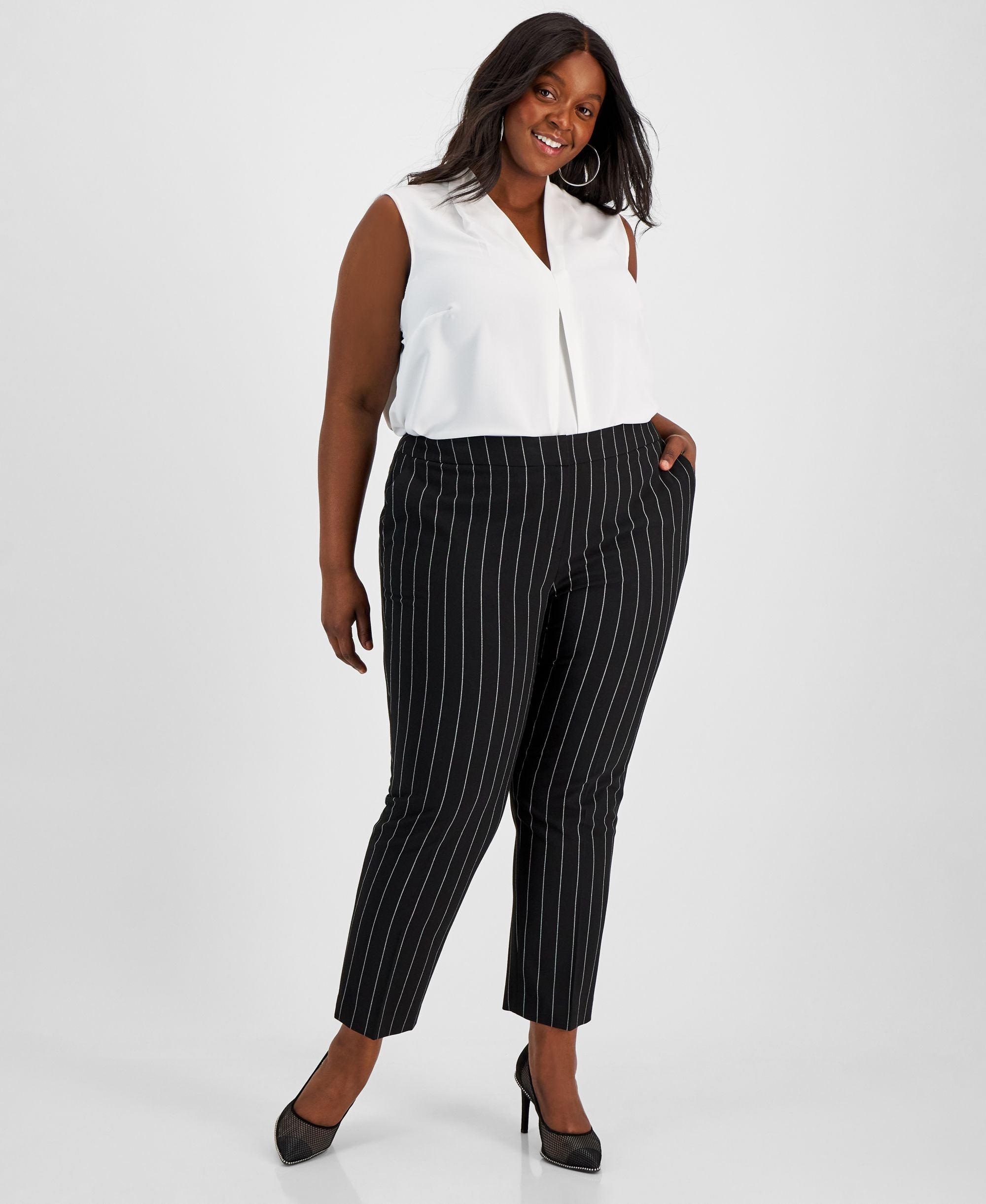 Plus Size Pinstripe Straight Ankle Pants