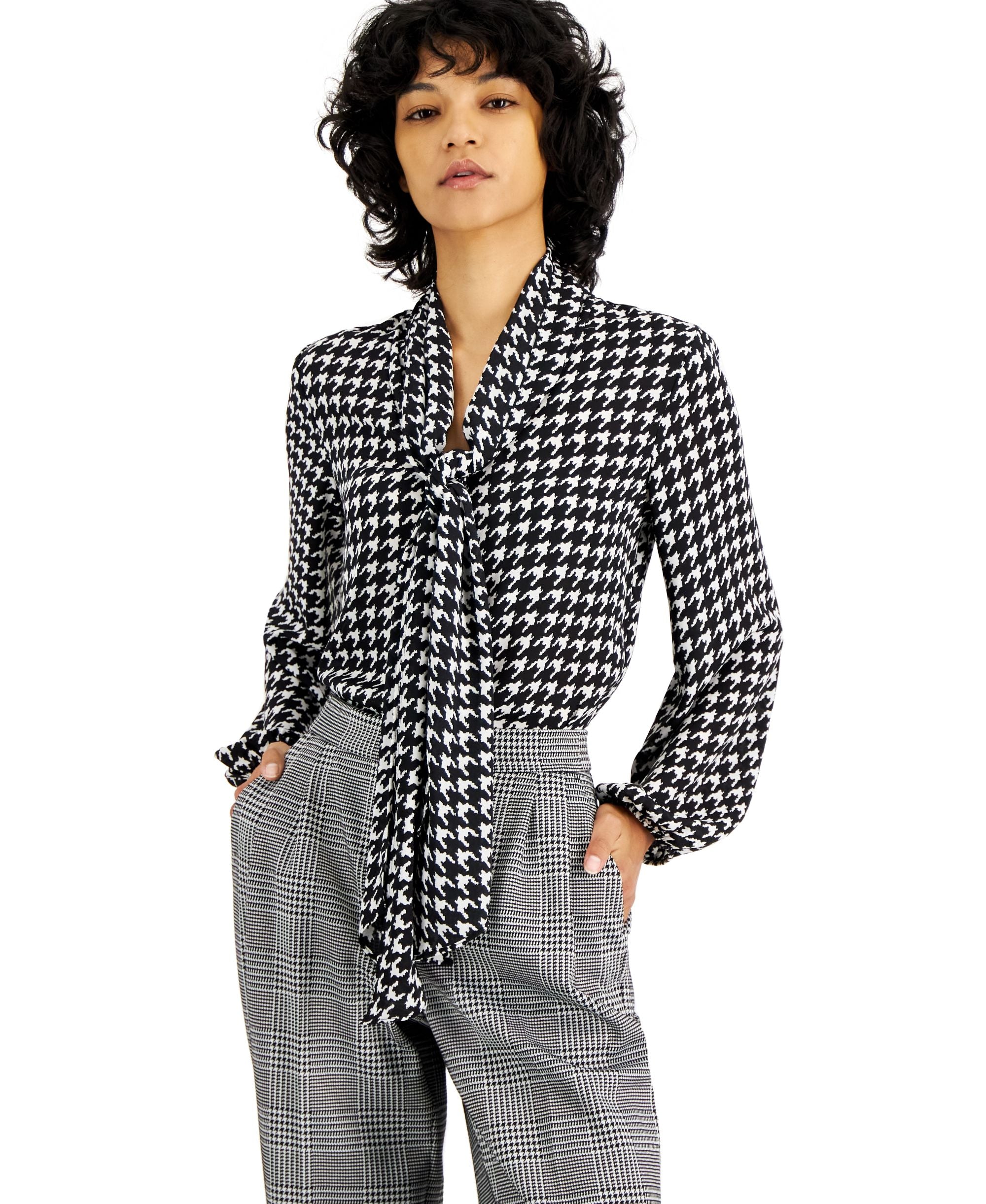 Women's Houndstooth Printed Long Sleeve Blouse