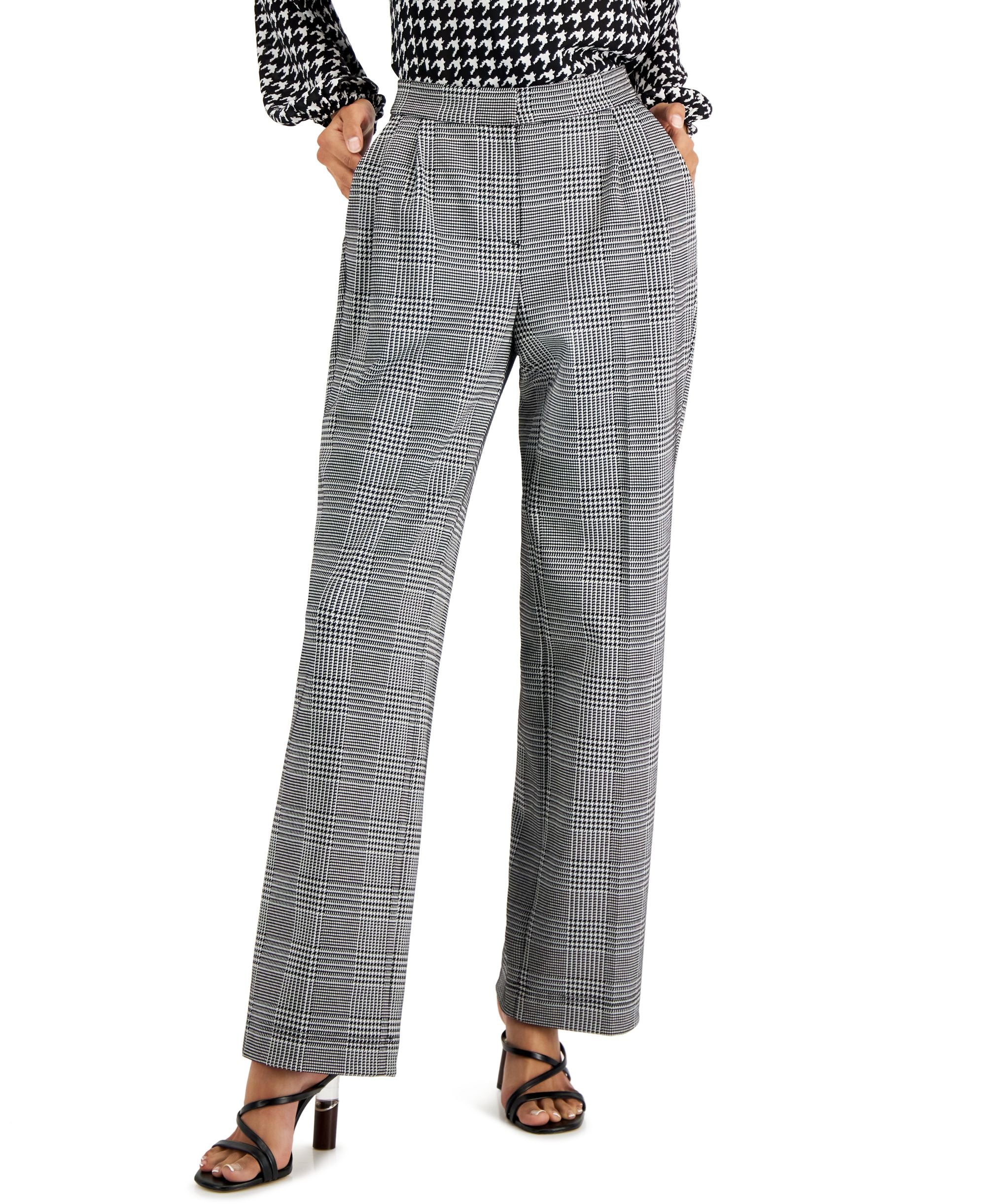 Women's Pleated Plaid Wide-Leg Pants