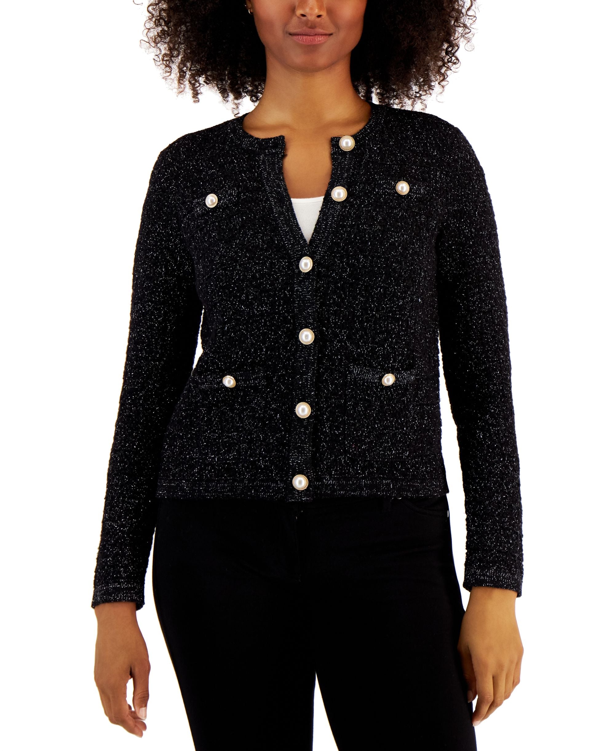 Charter Club Petite Textured Long-Sleeve Button-Front Sweater