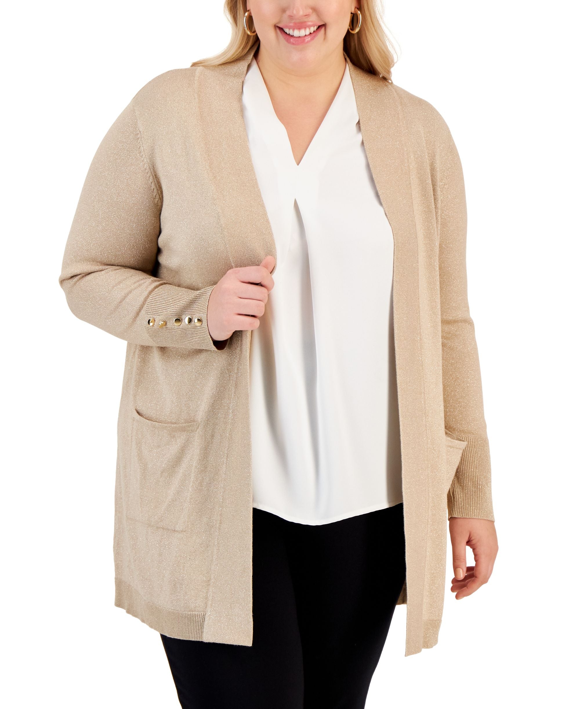JM Collection Plus Size Button Sleeve Lurex Cardigan