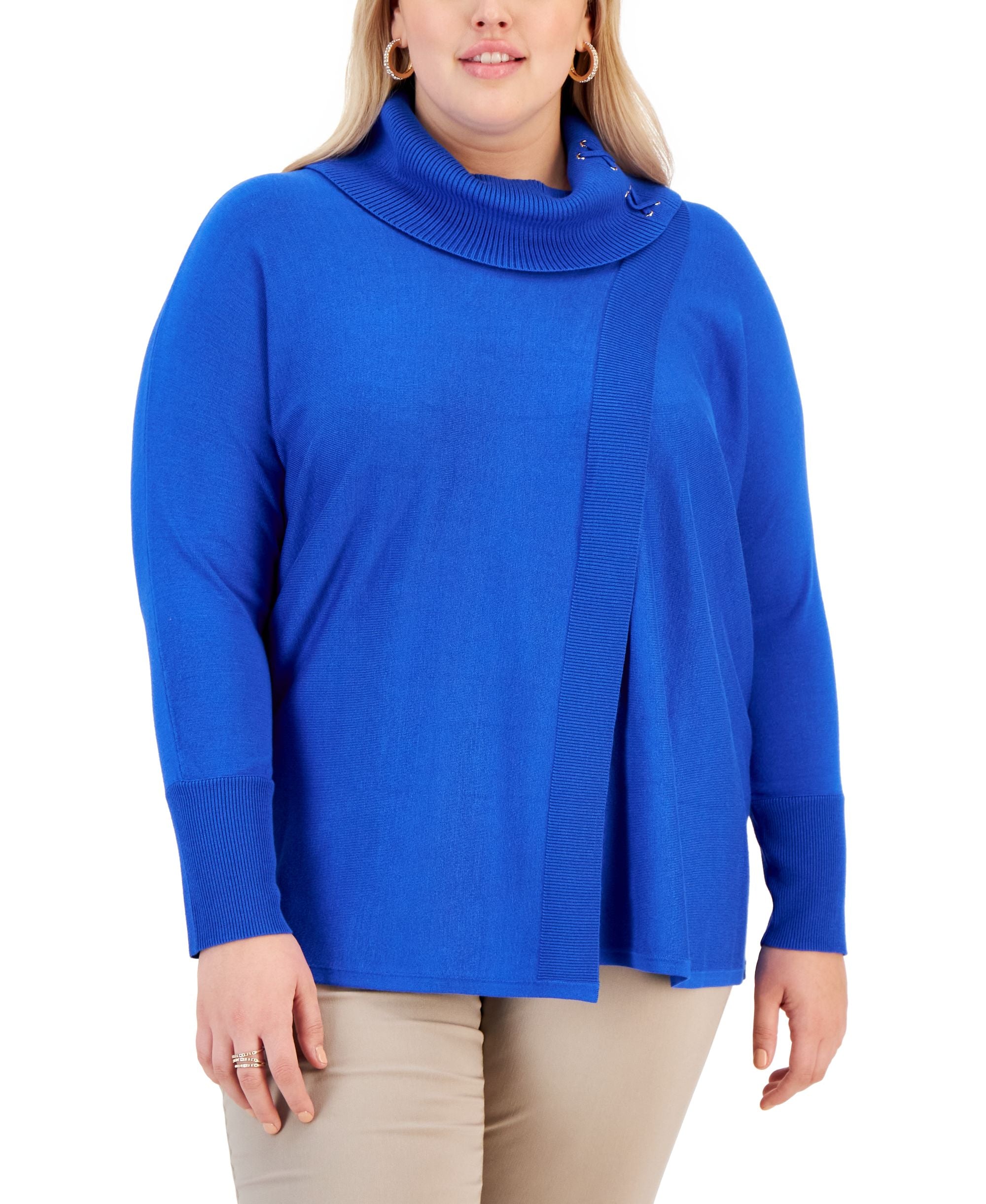 JM Collection Plus Size Lace Up Cowlneck Sweater