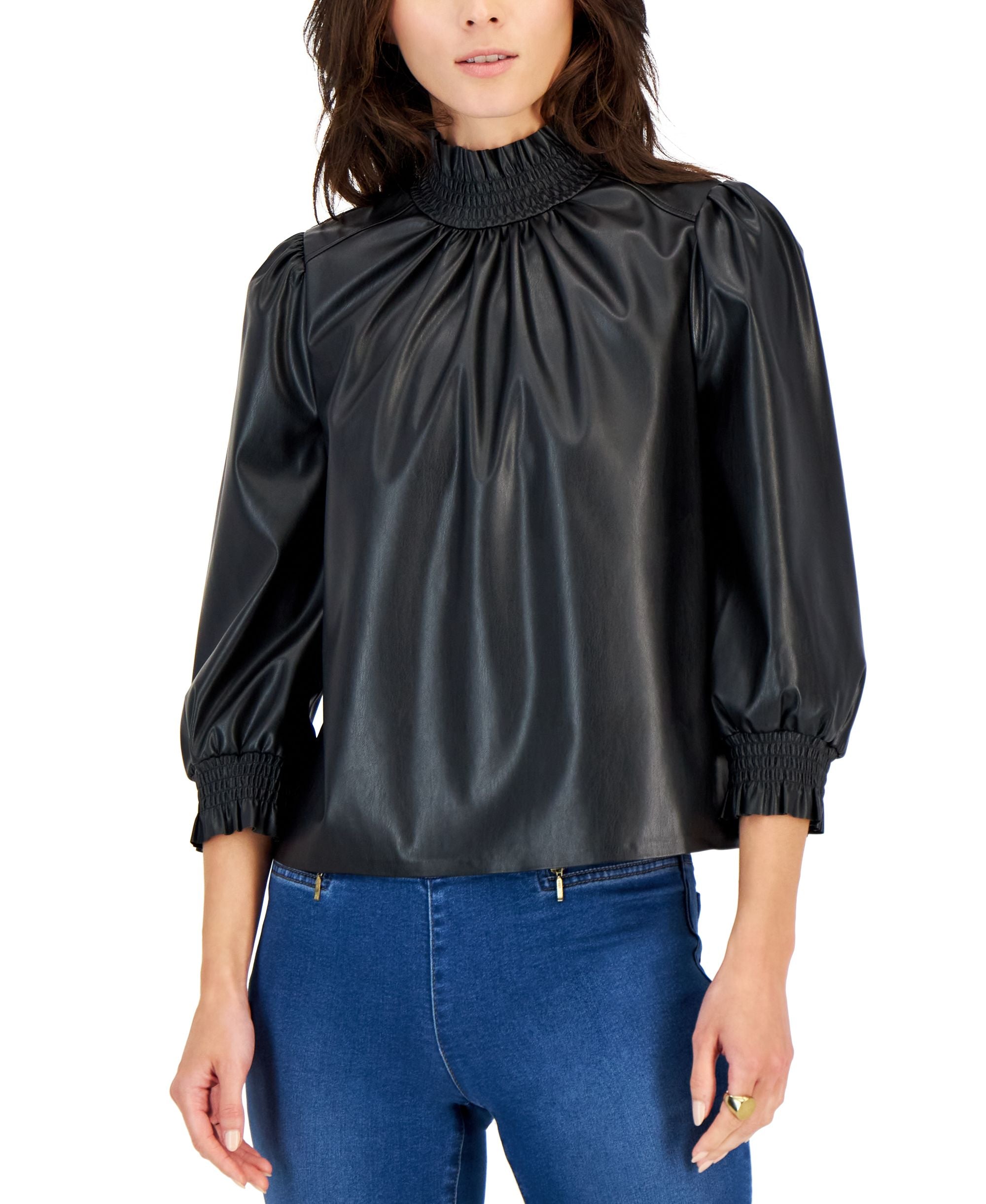 INC International Concepts Womens Faux Leather Smocked Neck Top