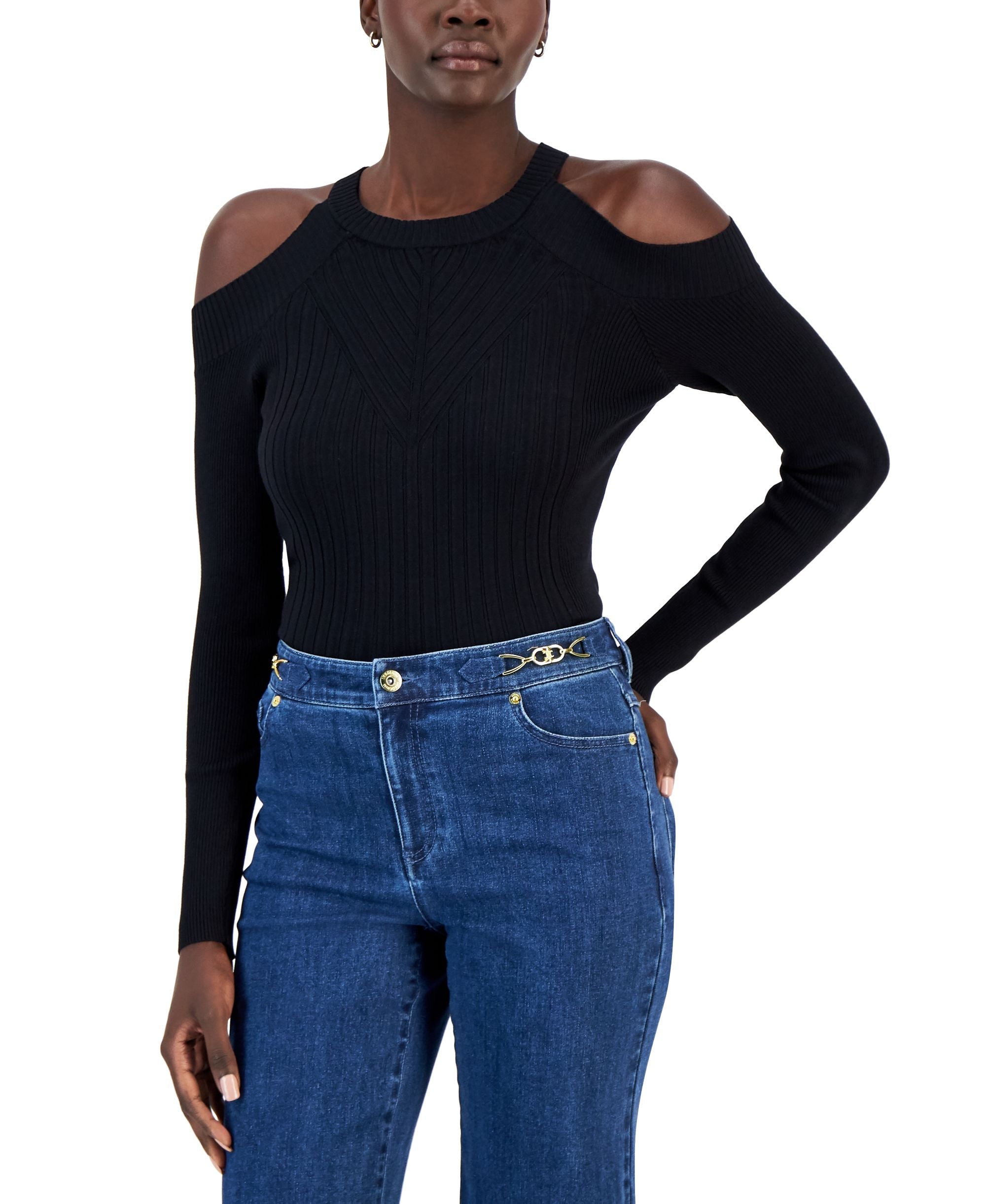 INC International Concepts Womens Ribbed Cold Shoulder Sweater