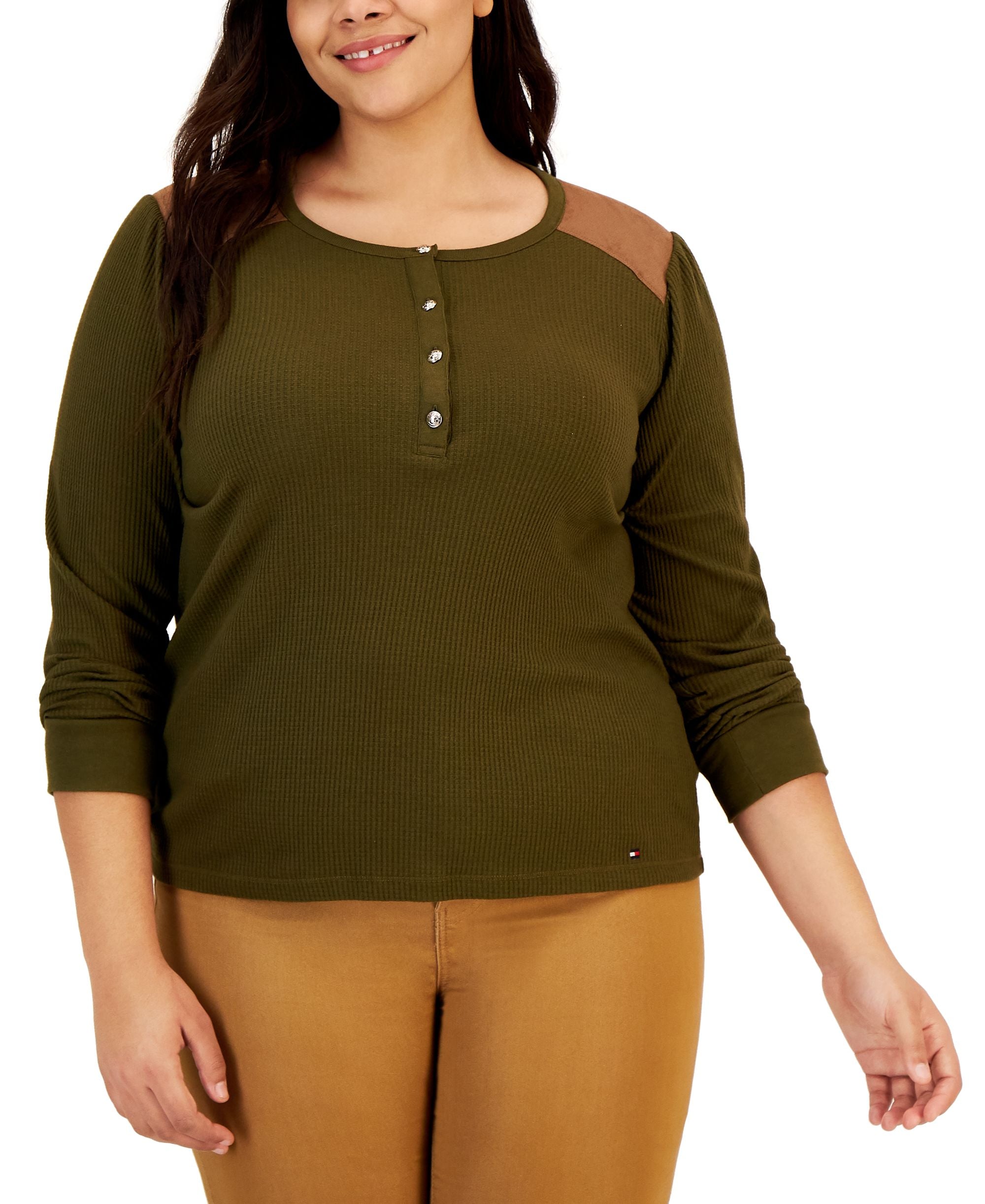 Tommy Hilfiger Plus Size Faux Suede Yoke Henley Top