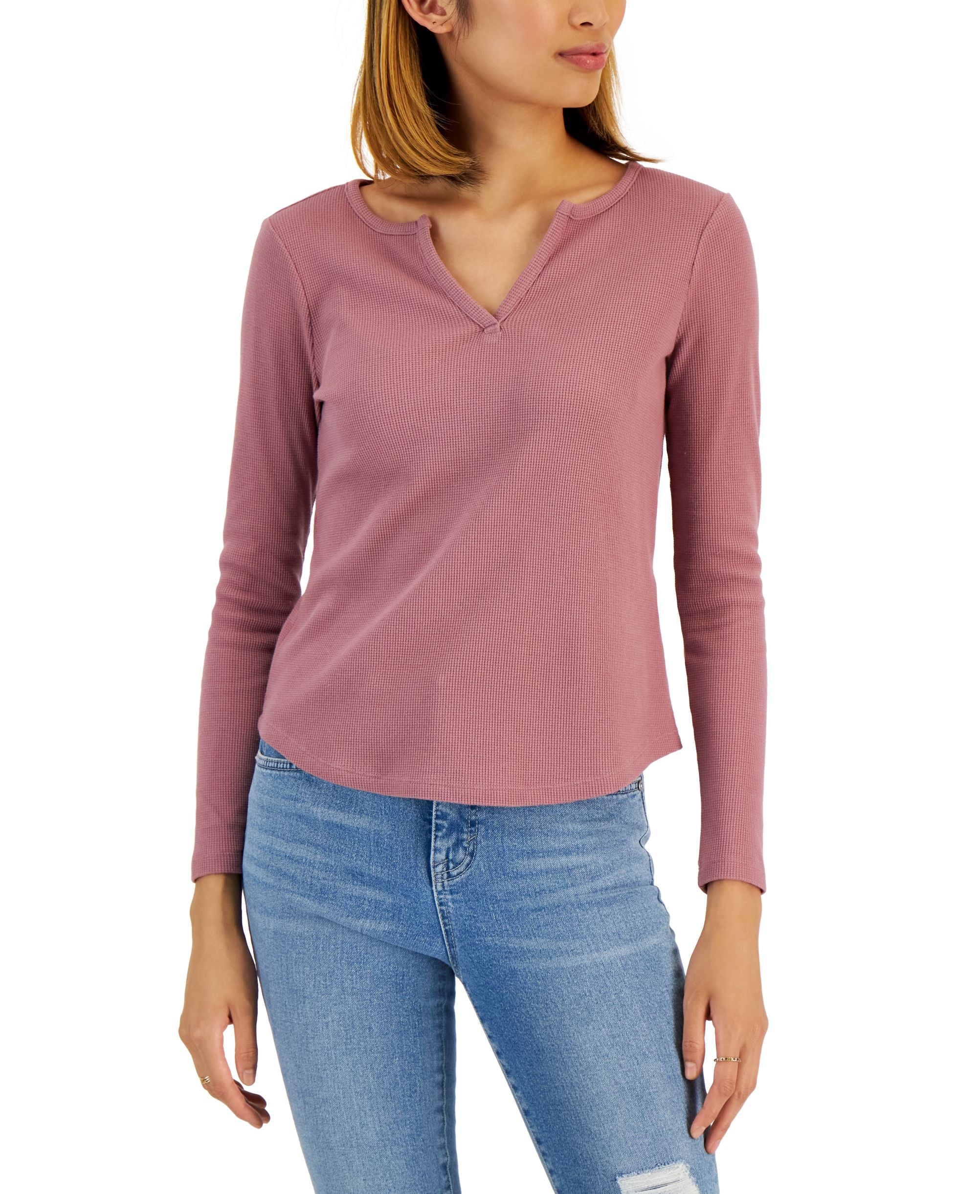 Petite Waffle-Knit Split-Neck Top