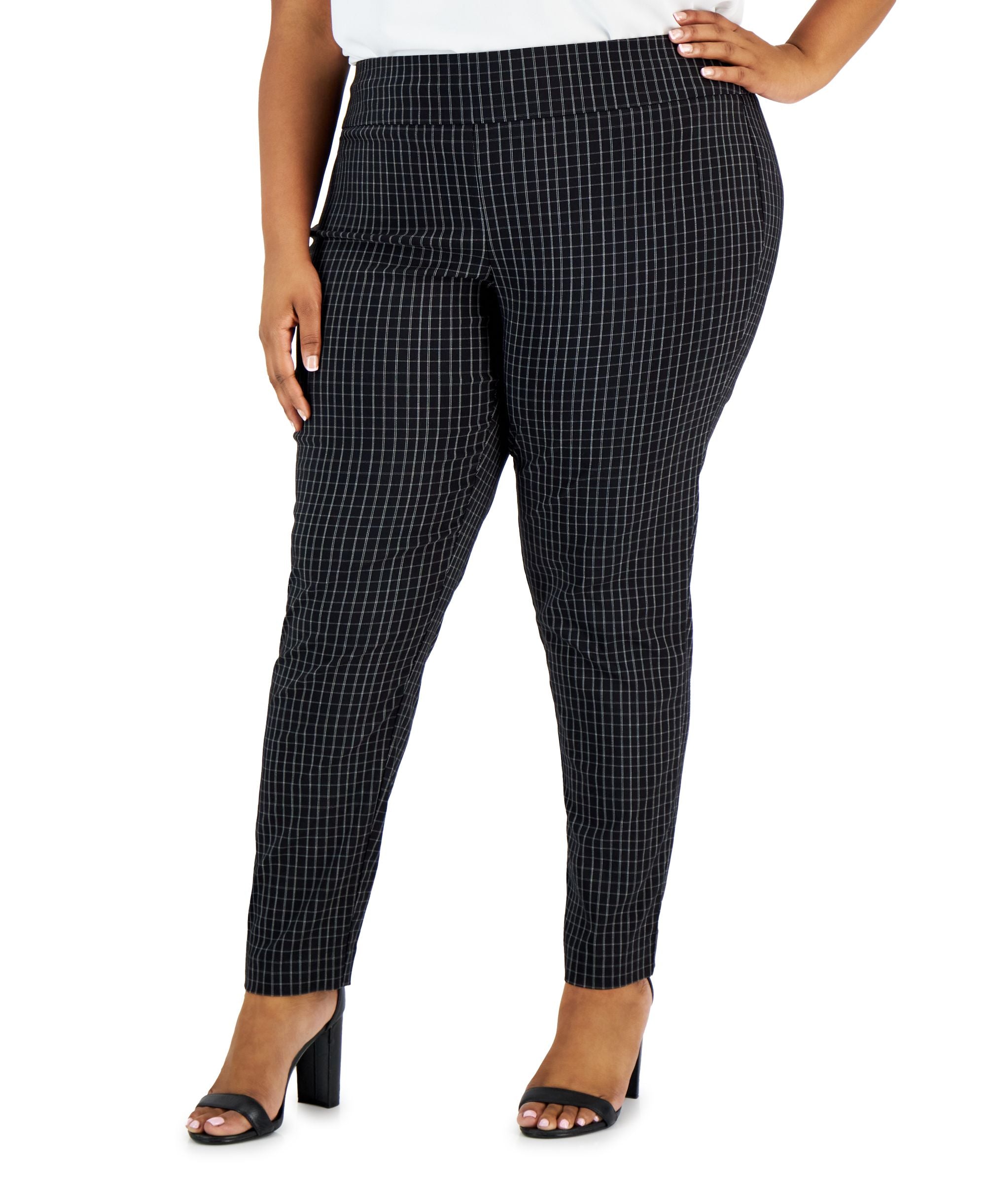 Plus Size Plaid-Print High-Rise Pull-On Skinny Pants