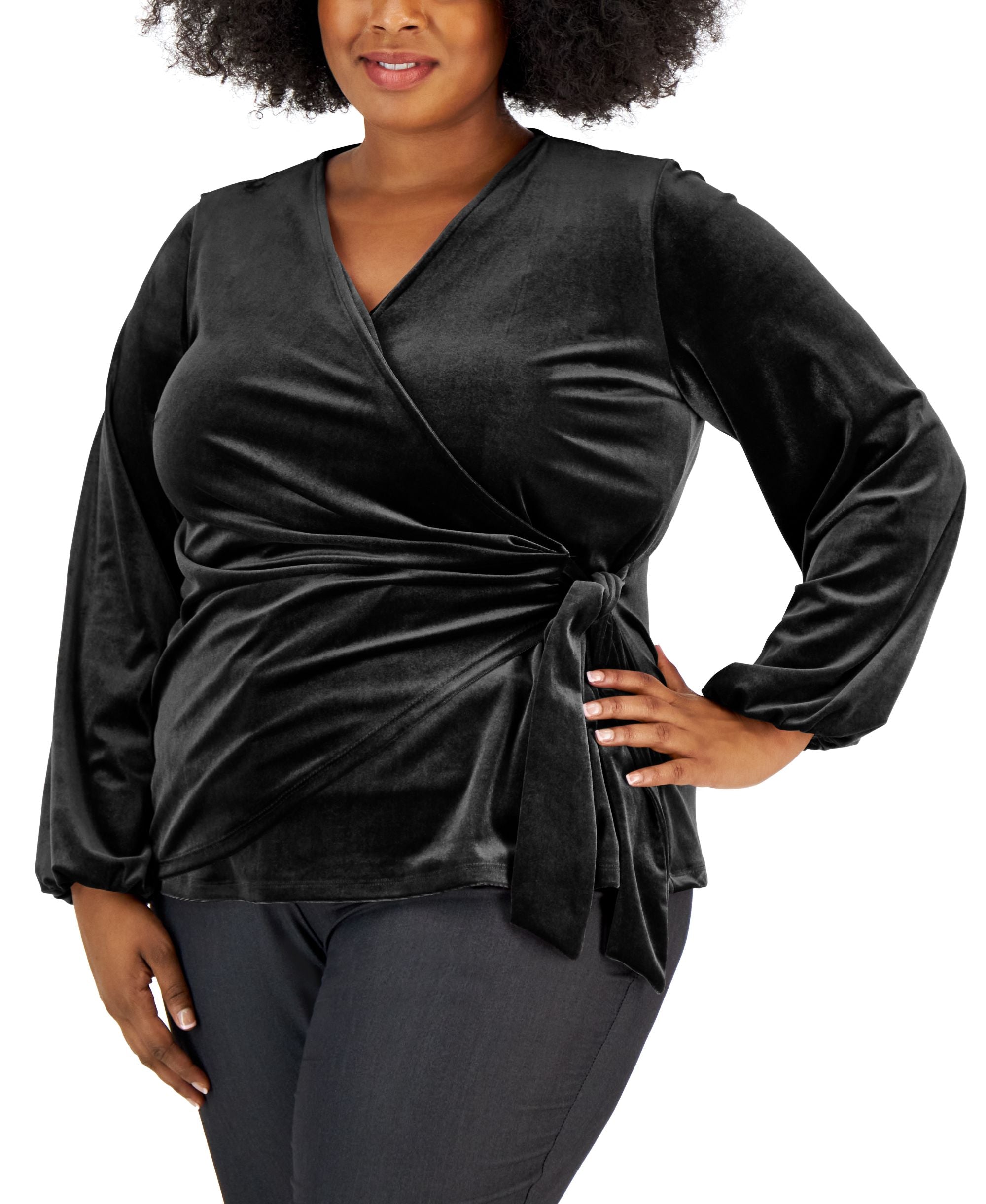 Alfani Plus Size Tie Waist Velvet Long Sleeve Wrap Top
